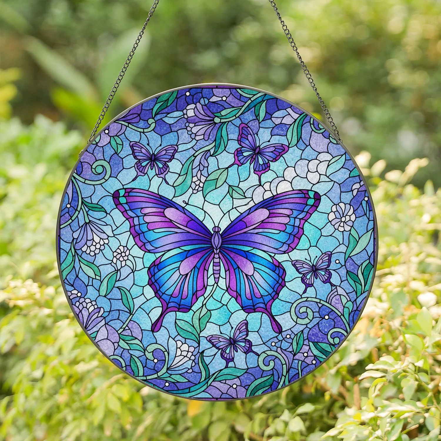 Majestic Purple Blue Butterfly Tiffany Stained Glass Art - Intricate Filigree Floral Mosaic Design Stained Glass Suncatcher - 1