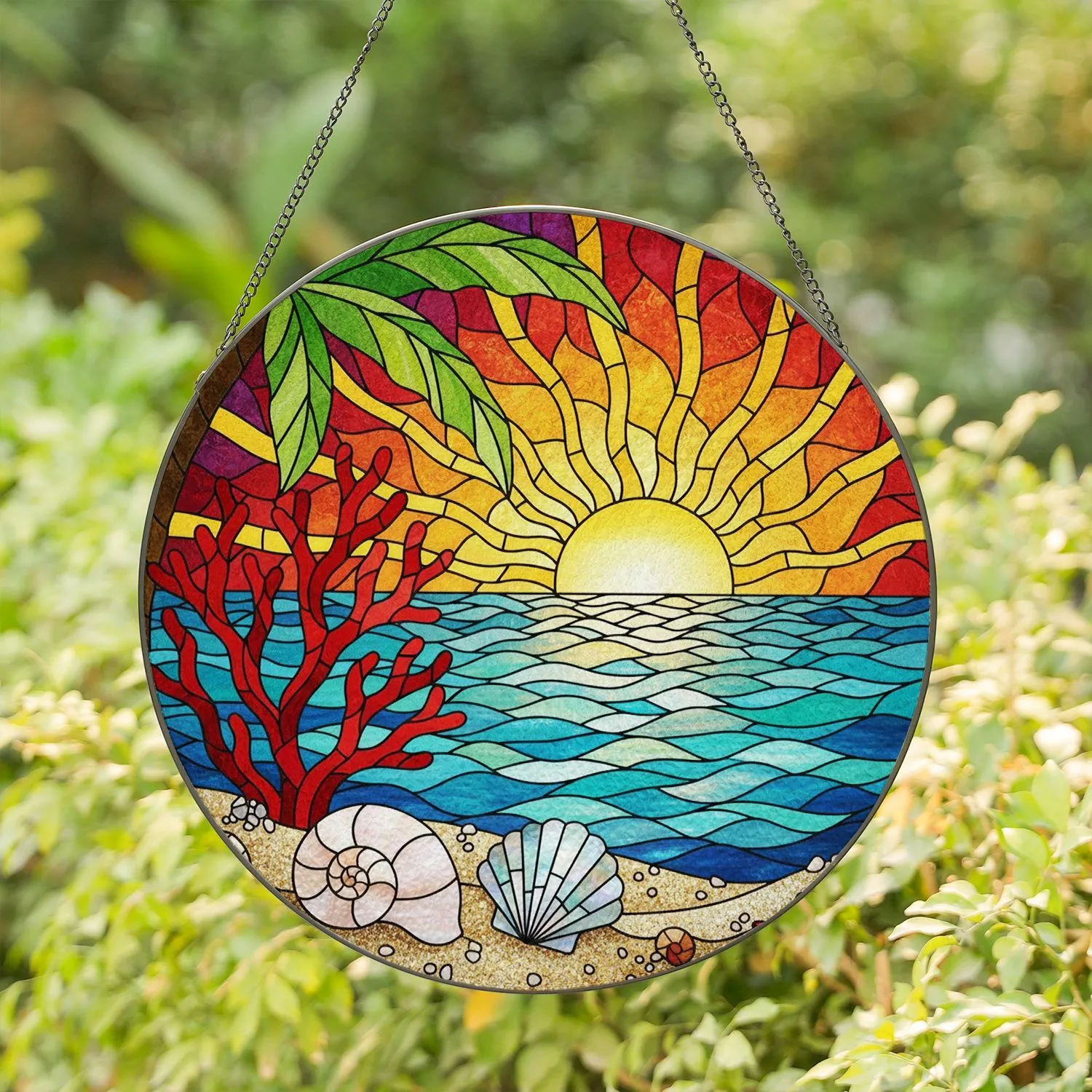 Tiffany Stained Glass Stylized Sunset Ocean Waves Beach Shells Red Coral Palm Art Stained Glass Suncatcher - 1