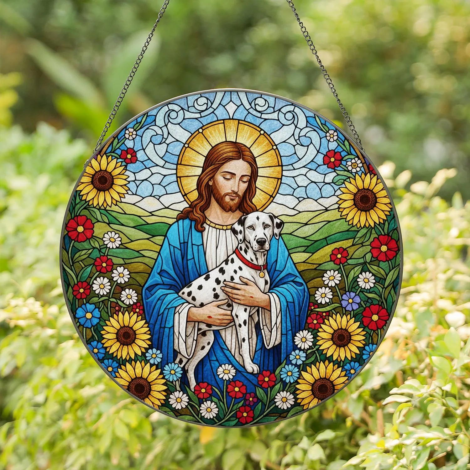 Jesus Hugging Dalmatian Dog Wildflowers Tiffany Glass Religious Pet Lover Gift Stained Glass Suncatcher - 1