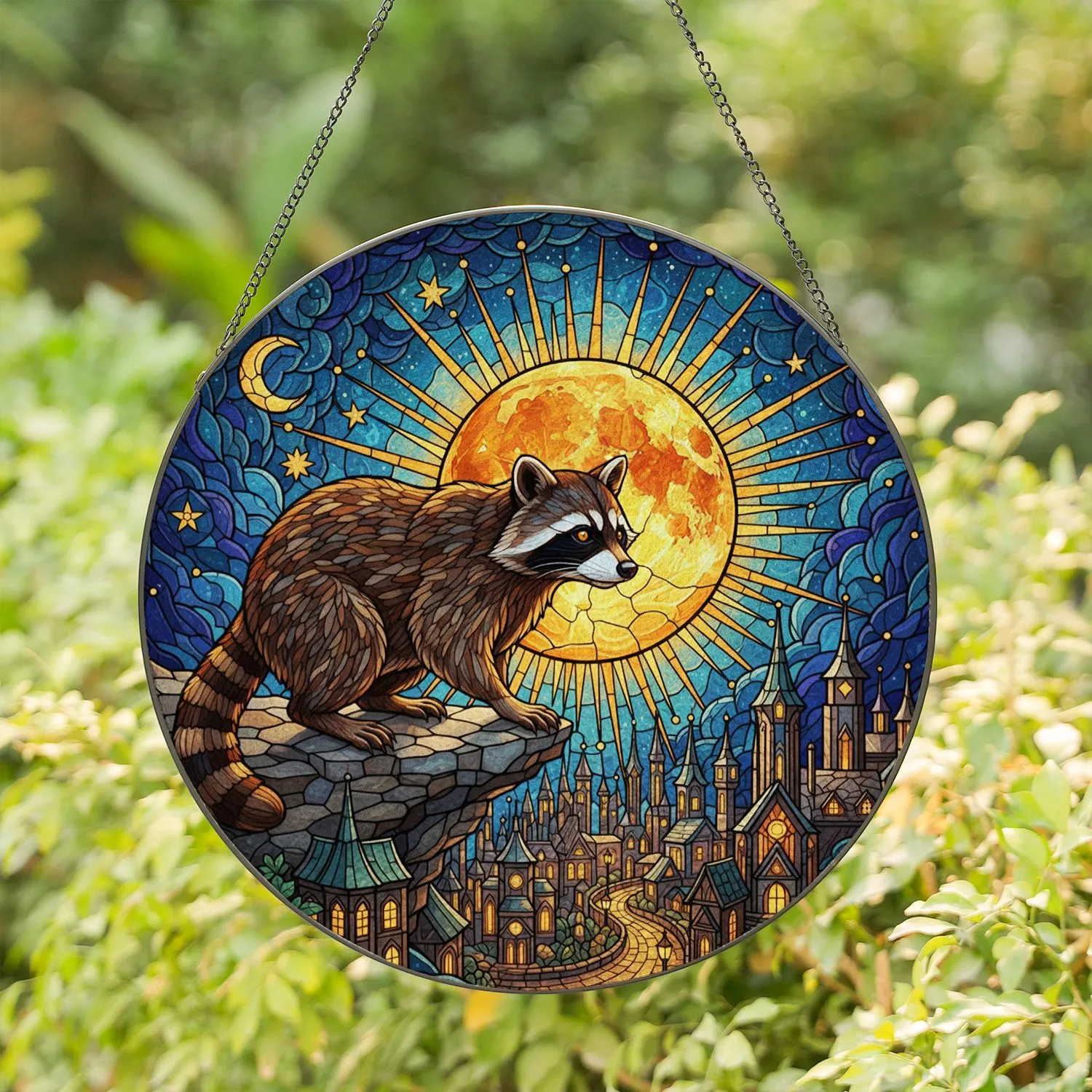 Vigilant Raccoon Full Moon Fantasy City Stained Glass - Twilight Tiffany Jewel Tones Decor Stained Glass Suncatcher - 1