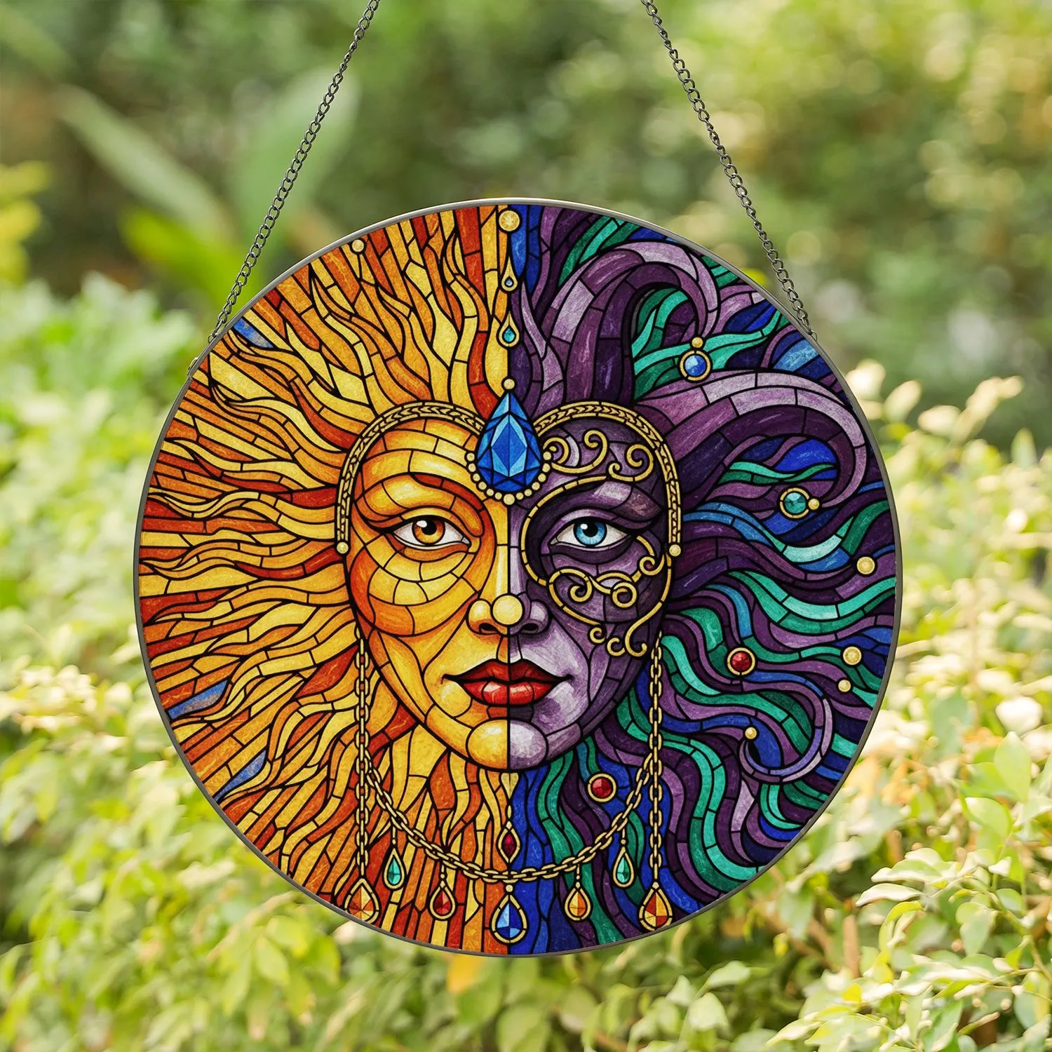 Stained Glass Sunburst Jester Mask Ornate Face Blue Teardrop Jewel Tiffany Art Mosaic Stained Glass Suncatcher - 1