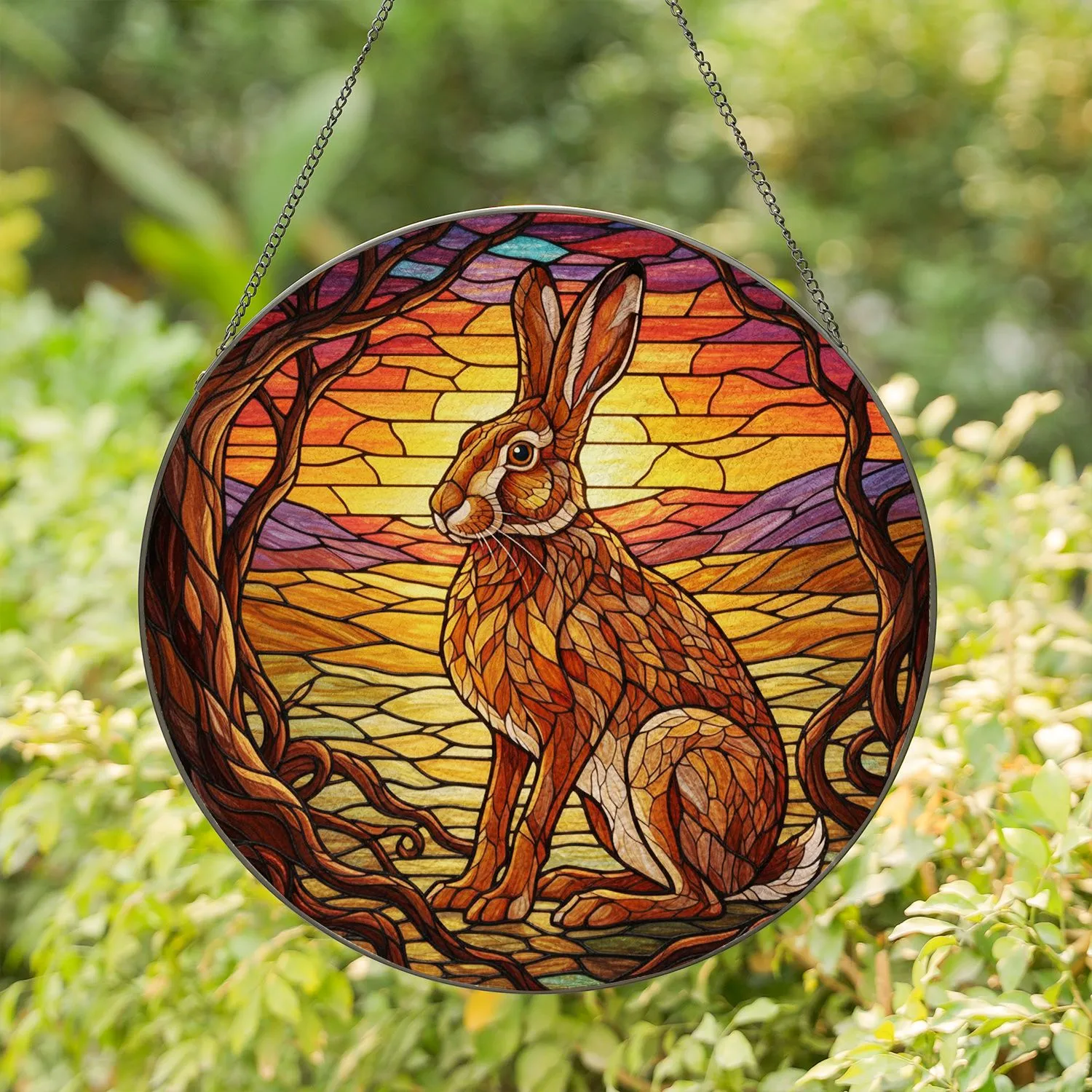 Brown Hare Stained Glass Sunset Landscape Tree Roots - Jewel Tones Tiffany Art Stained Glass Suncatcher - 1