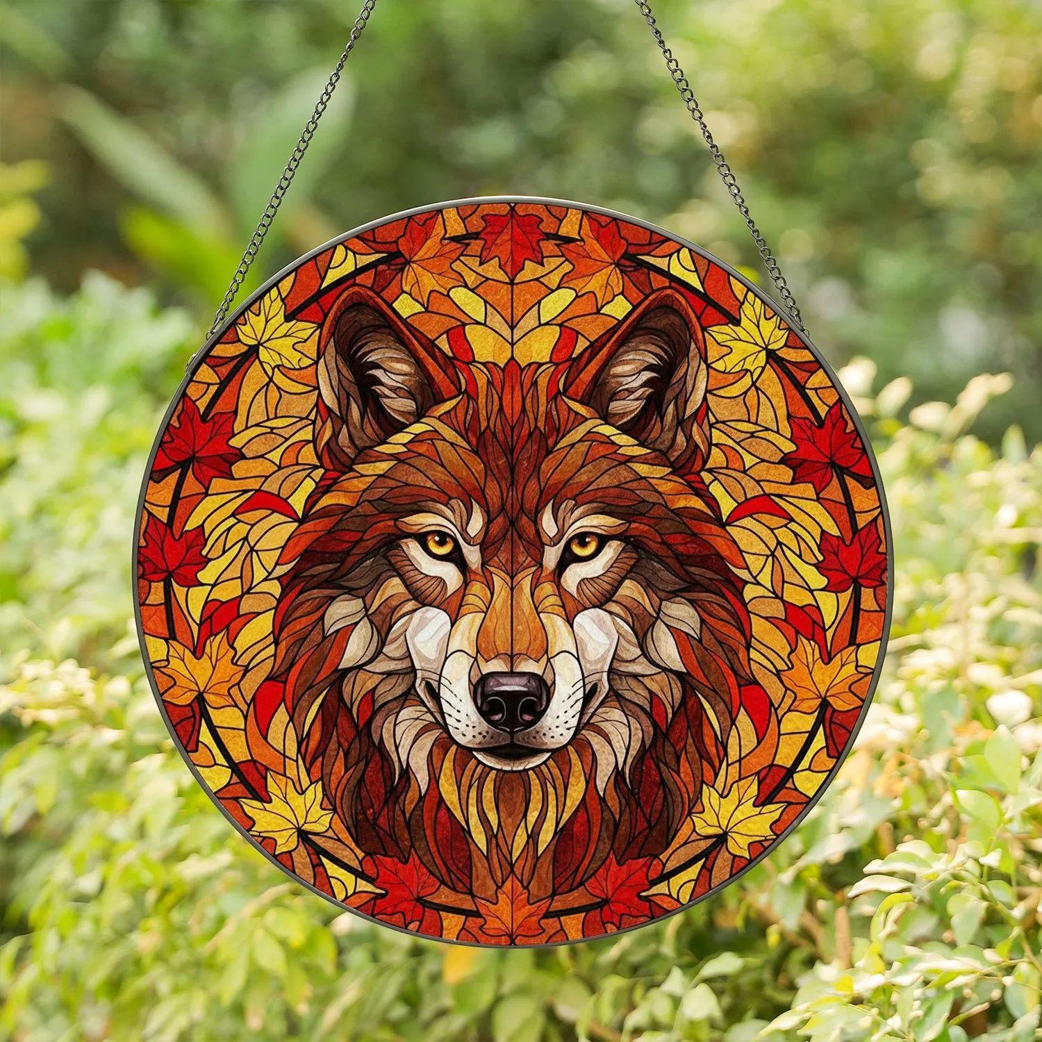 Majestic Wolf Head Stained Glass Golden Eyes - Maple Autumn Leaves Tiffany Mosaic Stained Glass Suncatcher - 1