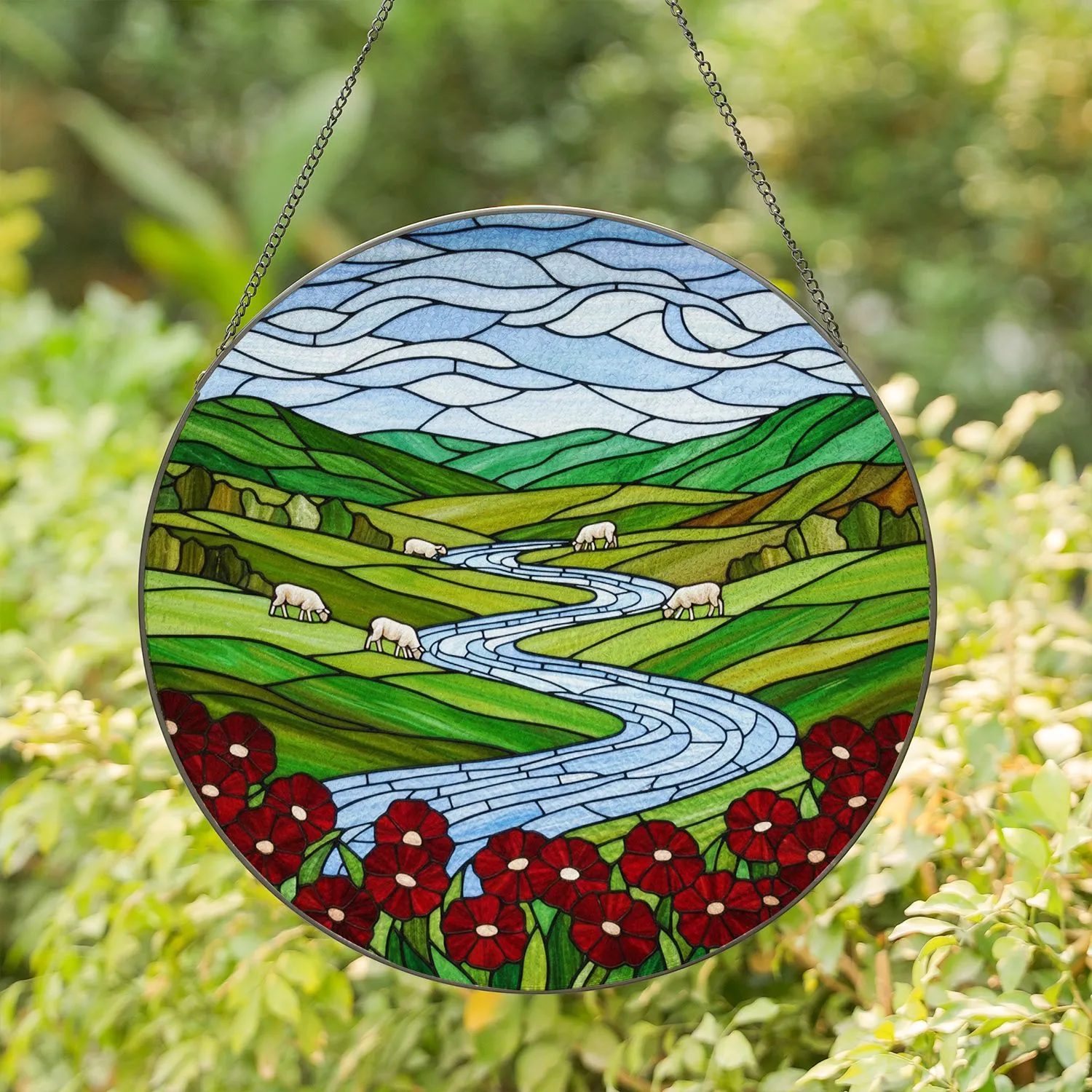 Rolling Hills River Sheep Red Flowers - Tiffany Style Stained Glass Pastoral Landscape Stained Glass Suncatcher - 1