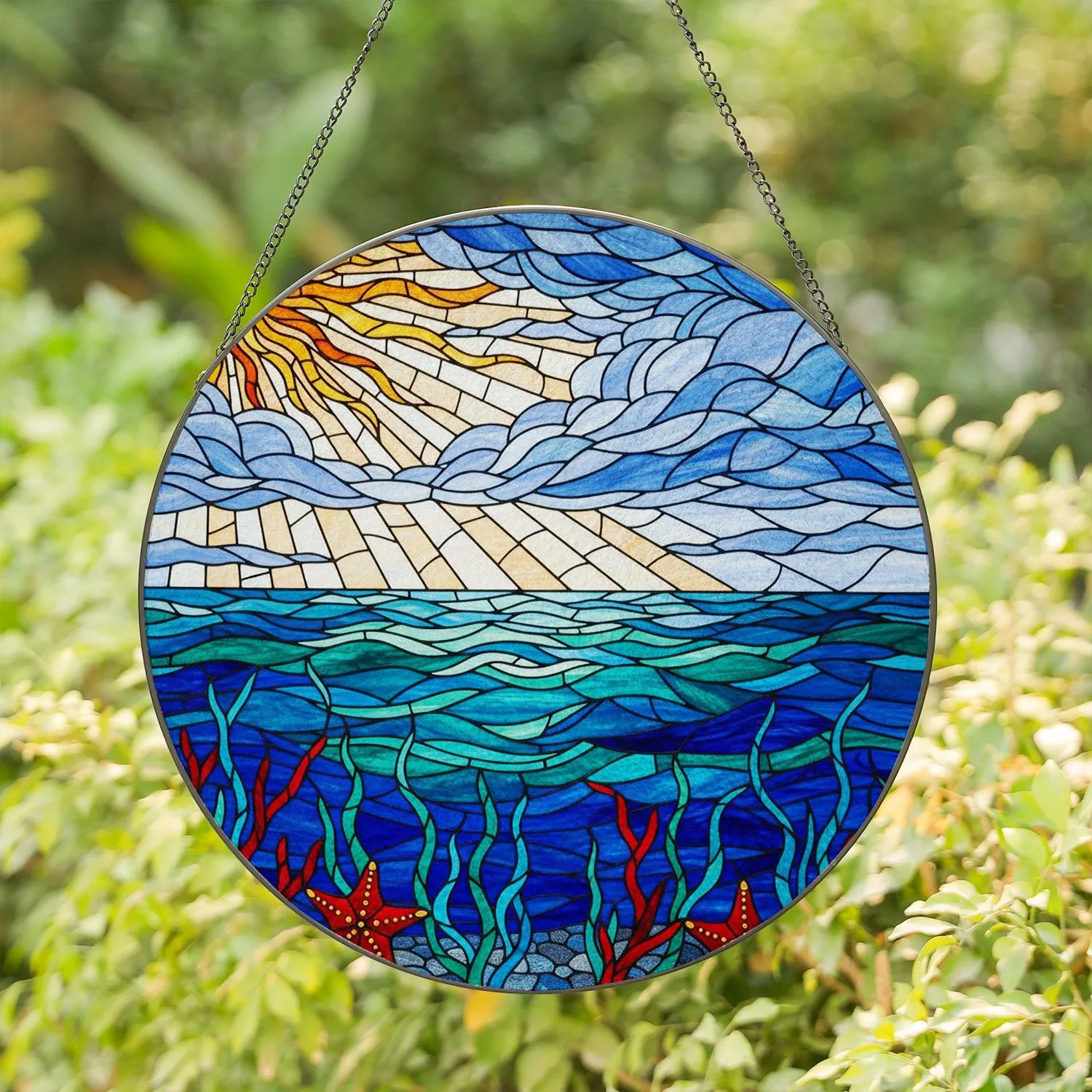 Radiant Sun Stained Glass Ocean Starfish Coral Sea Plants - Tiffany Style Detailed Underwater View Stained Glass Suncatcher - 1
