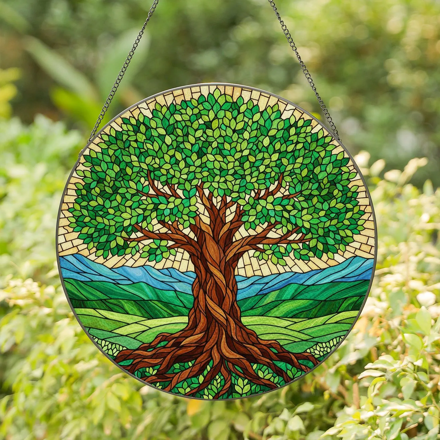 Majestic Tree of Life Stained Glass Tiffany Style Glowing Mountain Forest Art Stained Glass Suncatcher - 1