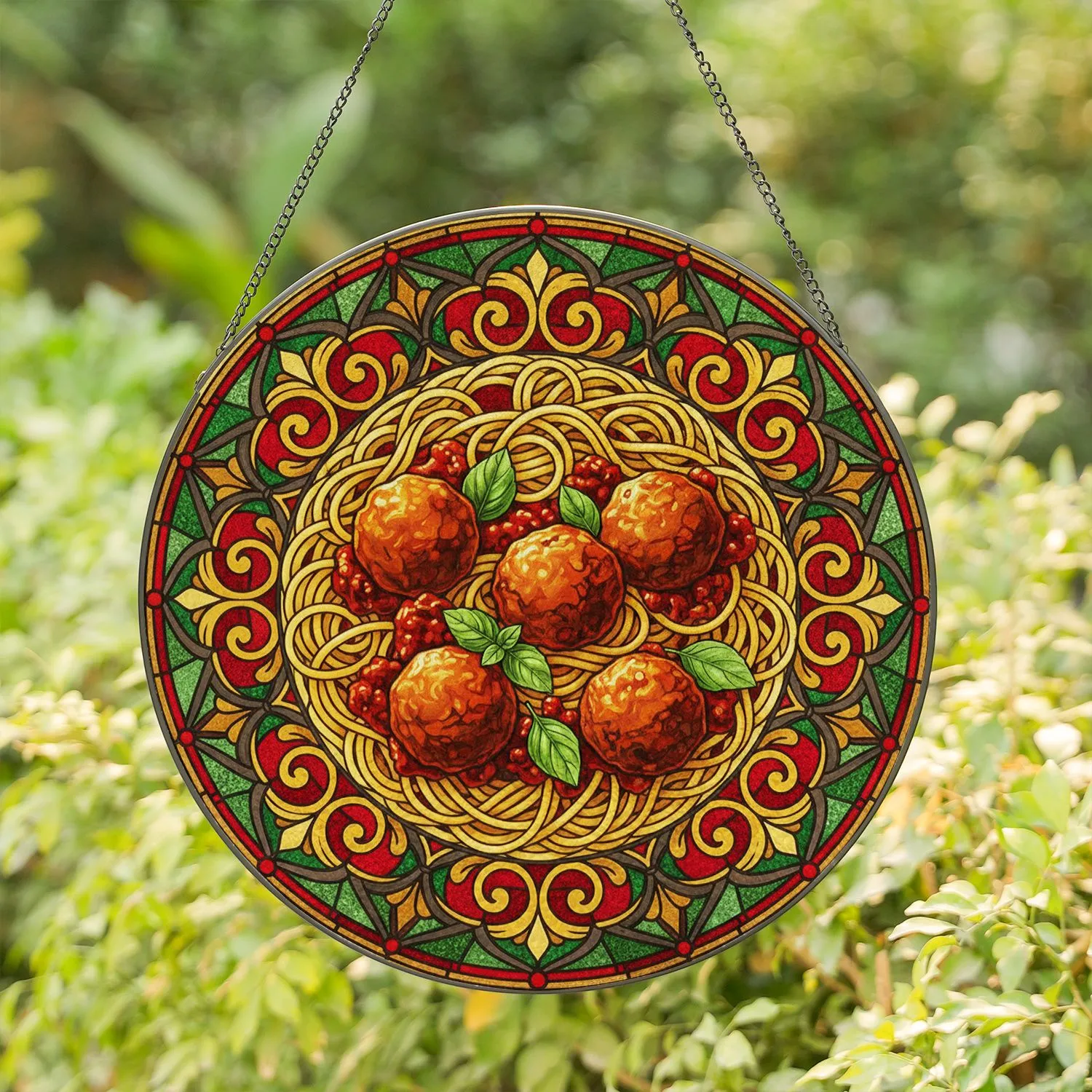 Spaghetti & Meatballs Pasta Food Art - Stained Tiffany Glass Kitchen Decor Gift for Foodies Stained Glass Suncatcher - 1