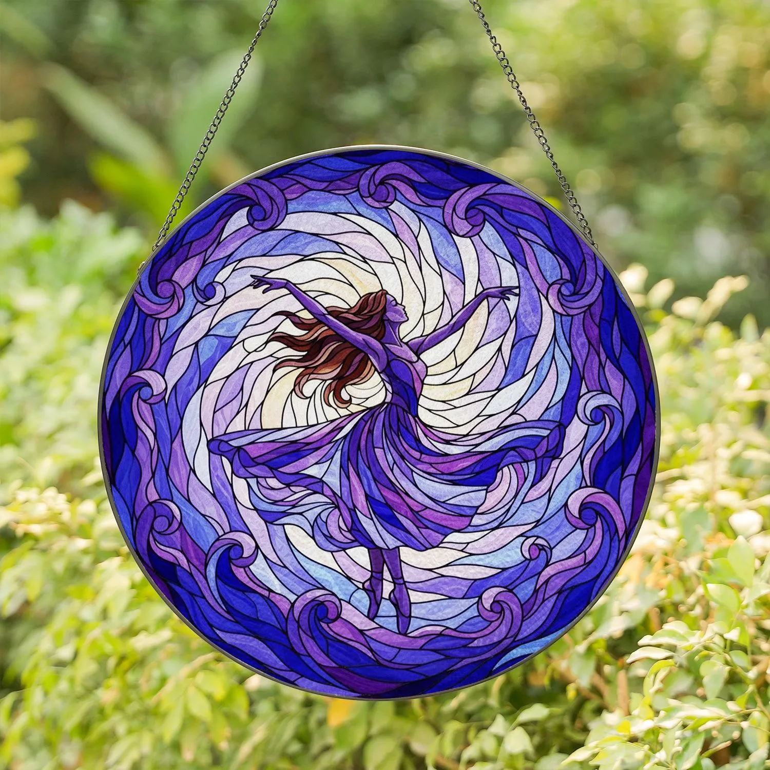 Intricate Tiffany Stained Glass Dancer, Swirling Fluid Waves, Glowing Jewel Tones Stained Glass Suncatcher - 1