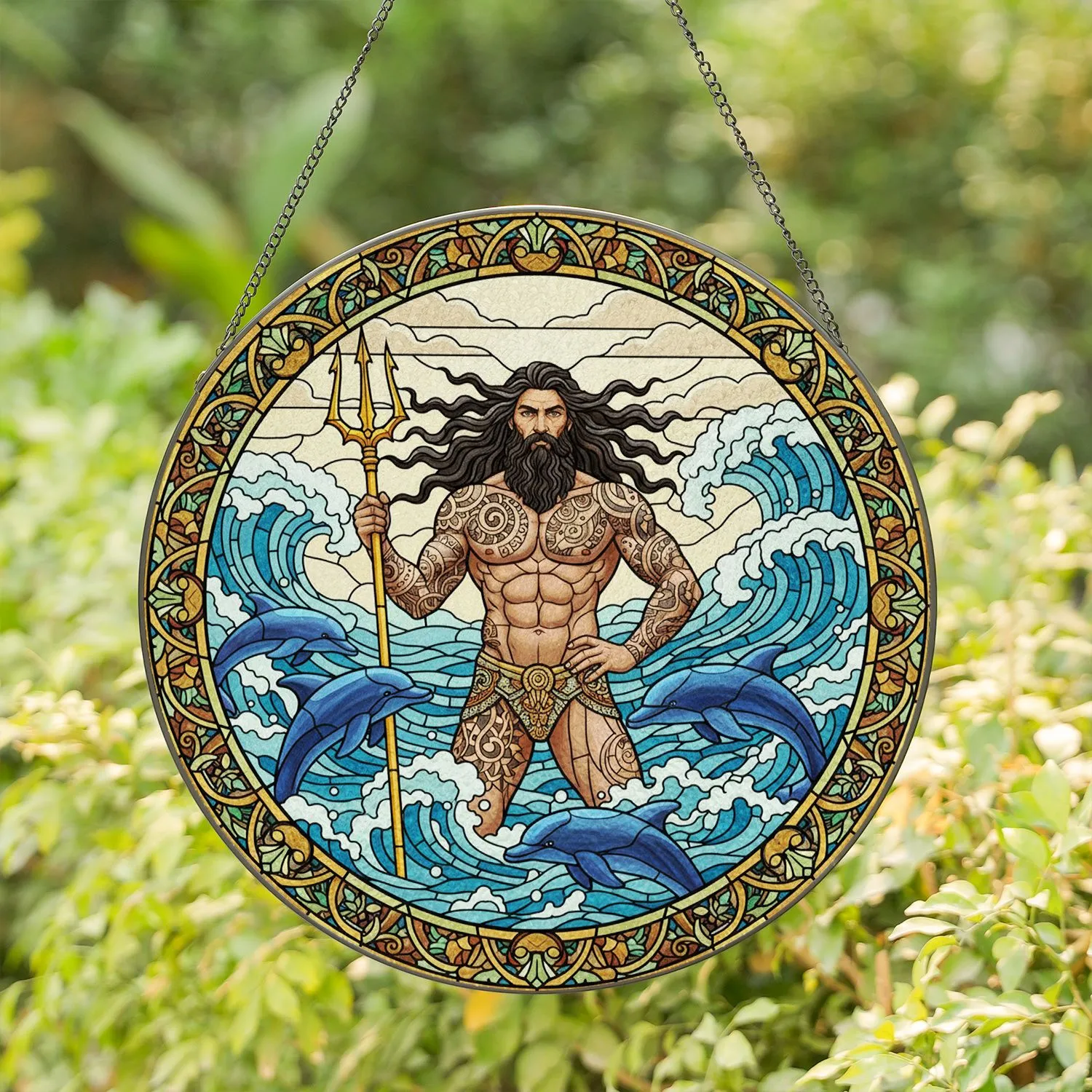 Poseidon God Trident Dolphin Ocean Waves Stained Glass - Mythology Nautical Home Decor Gift Stained Glass Suncatcher - 1