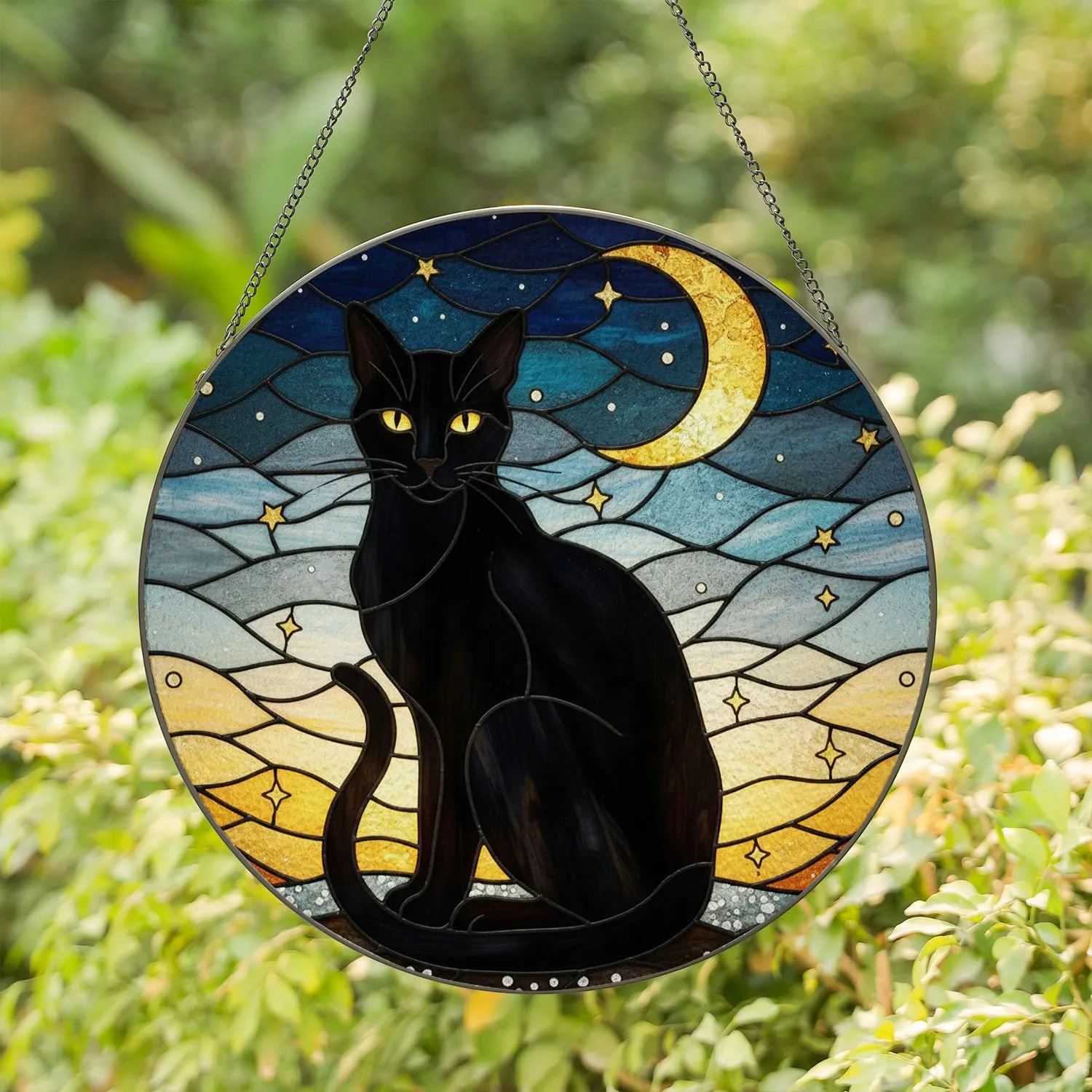 Black Cat Stained Glass Intricate Night Sky Crescent Moon Golden Stars Mosaic Art Stained Glass Suncatcher - 1