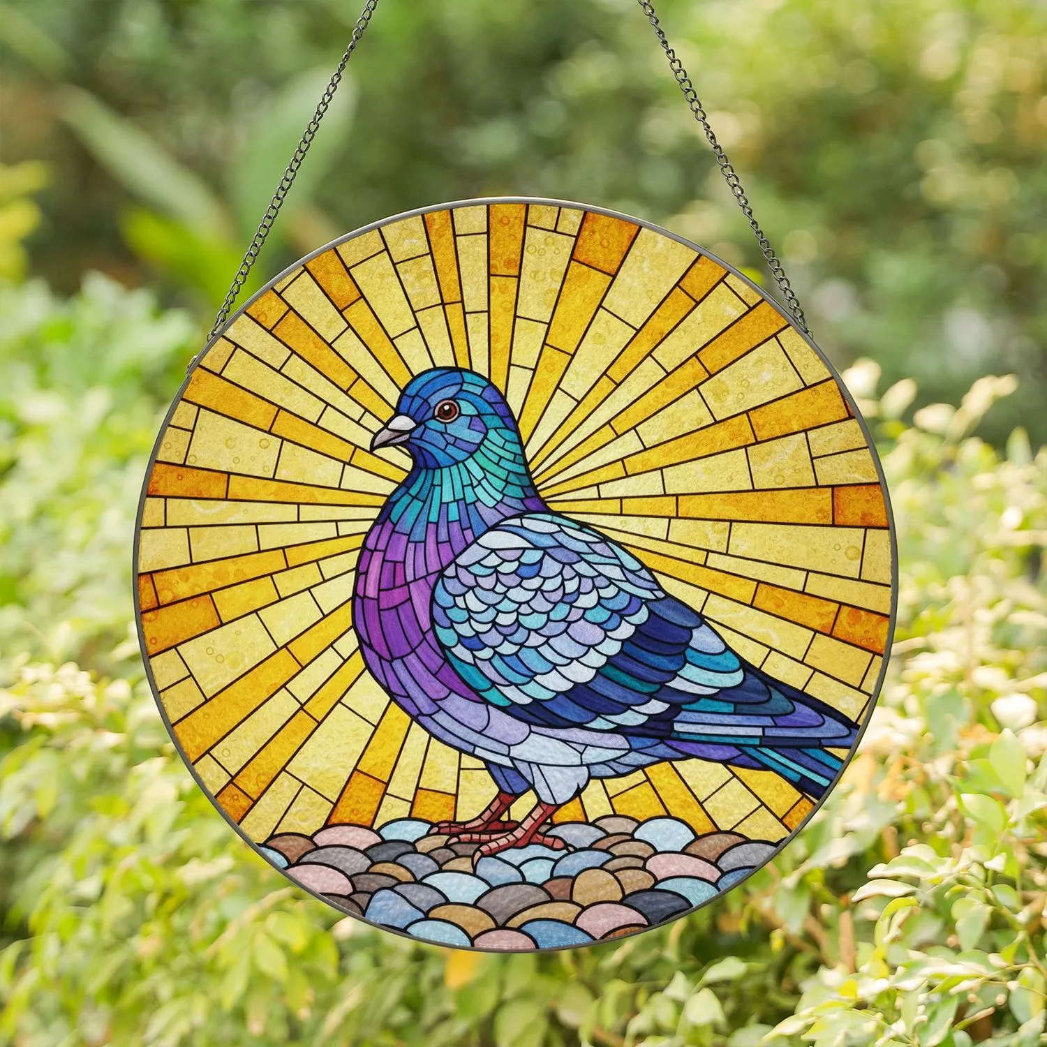 Colorful Pigeon Dove Tiffany Stained Glass Art, Sunburst Pebble Mosaic Window Decor Stained Glass Suncatcher - 1