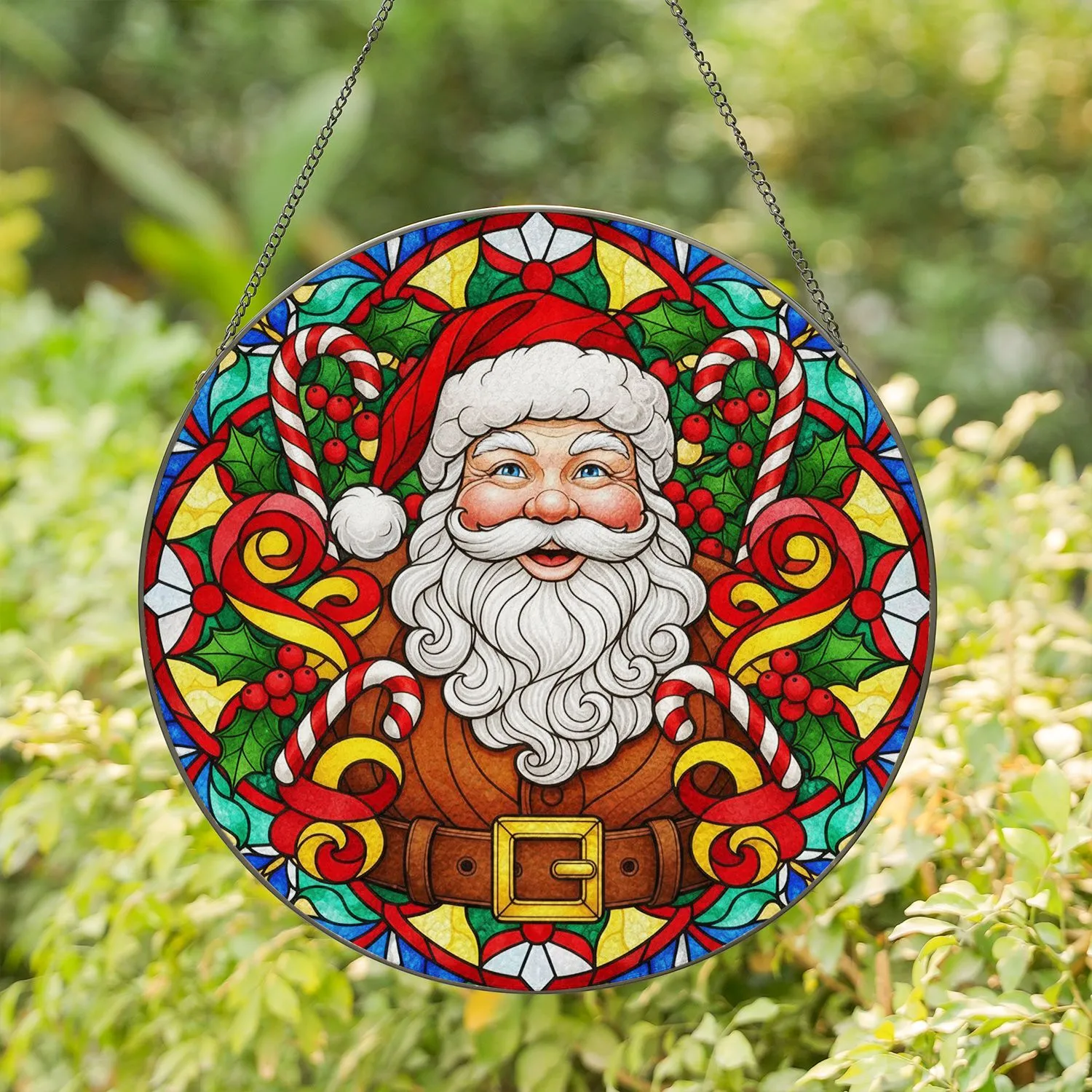 Stained Glass Santa Claus Holiday Decor - Festive Christmas Gift with Candy Canes, Holly Stained Glass Suncatcher - 1