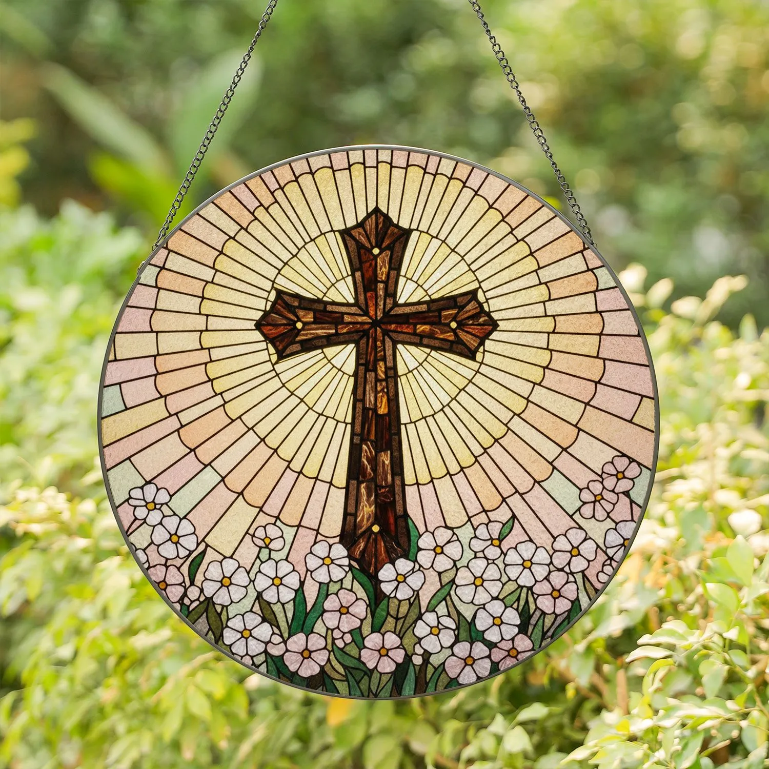 Christian Cross Stained Glass Wildflowers Sunburst Mosaic - Radiant Tiffany Style Art Stained Glass Suncatcher - 1