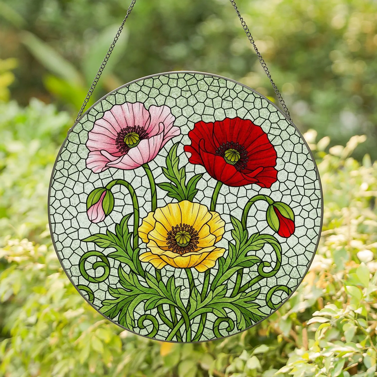 Crimson Red Pink Yellow Poppy Flowers Stained Glass - Glowing Tiffany Style Mosaic Art Stained Glass Suncatcher - 1