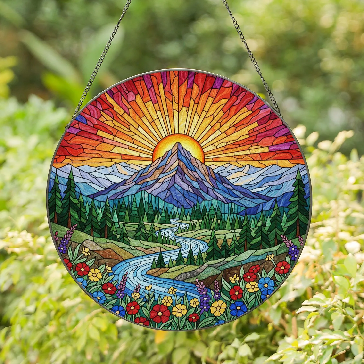 Mountain Landscape Glowing Sun Stained Glass Art - Tiffany Style Evergreen Wildflowers Dramatic Sky Stained Glass Suncatcher - 1