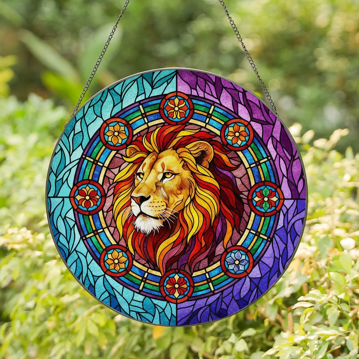 Lion Head Stained Glass Art - Tiffany Style Multi-Color Mane Mosaic Design Stained Glass Suncatcher - 1