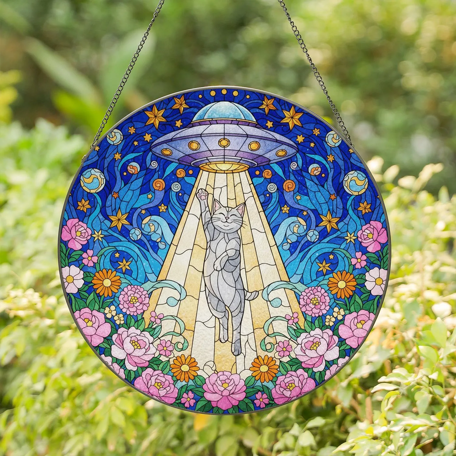 Cat Alien Abduction Flying Saucer Stained Glass Art - Cosmic Floral Night Sky Decor Stained Glass Suncatcher - 1