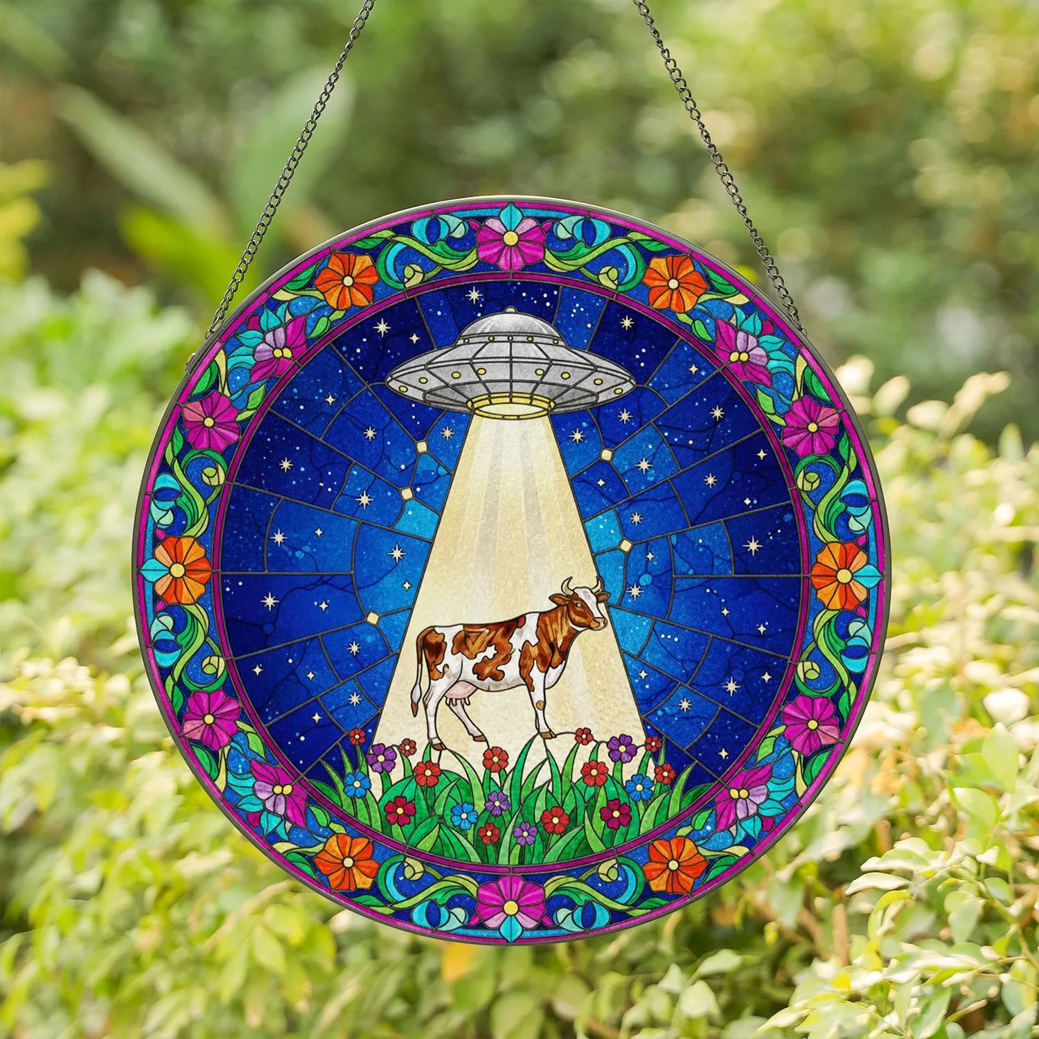 Spotted Cow UFO Abduction Tiffany Glass Art - Alien Flying Saucer Home Decor Gift Stained Glass Suncatcher - 1