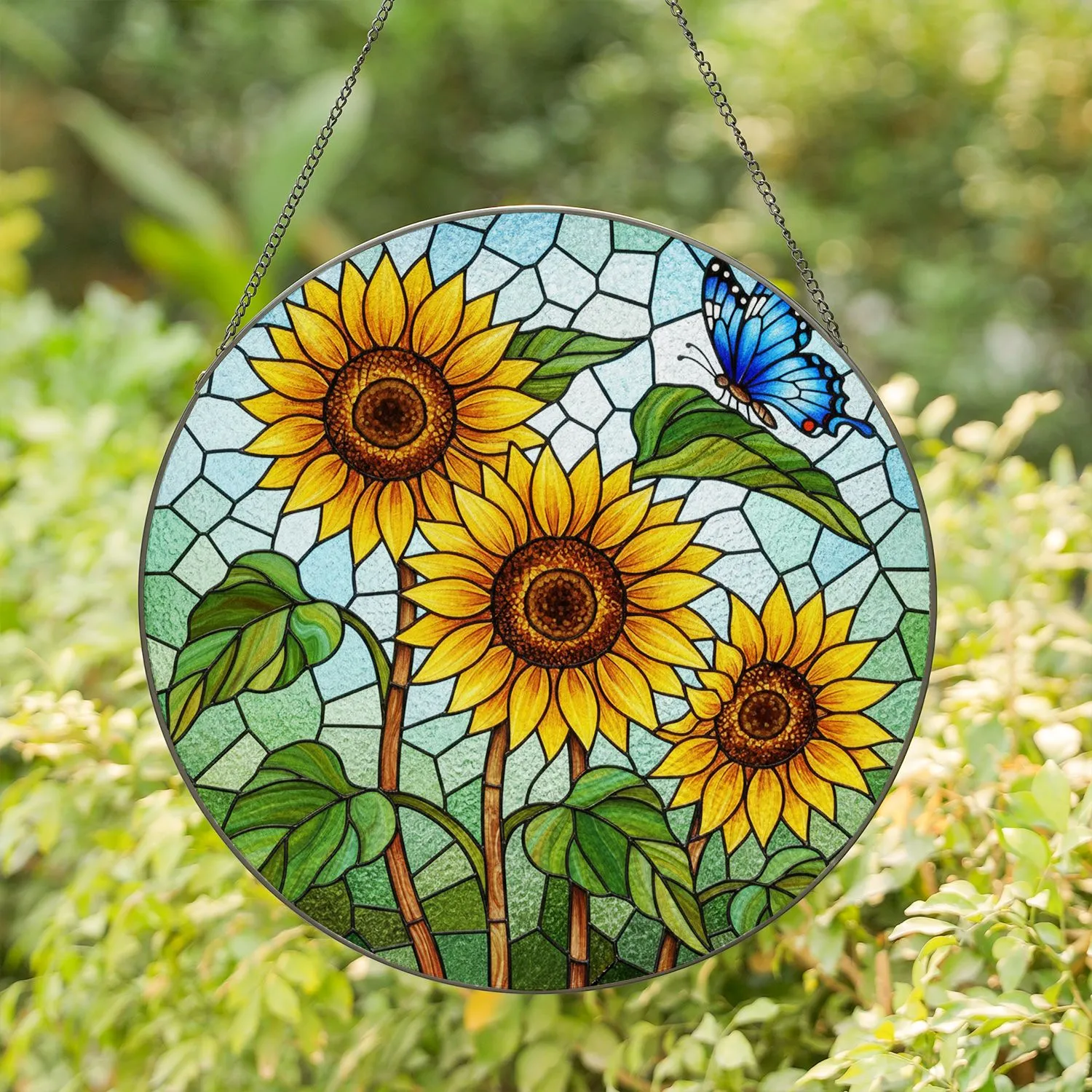 Four Sunflowers Blue Butterfly Stained Glass Mosaic Art - Glowing Translucent Jewel Tones Stained Glass Suncatcher - 1