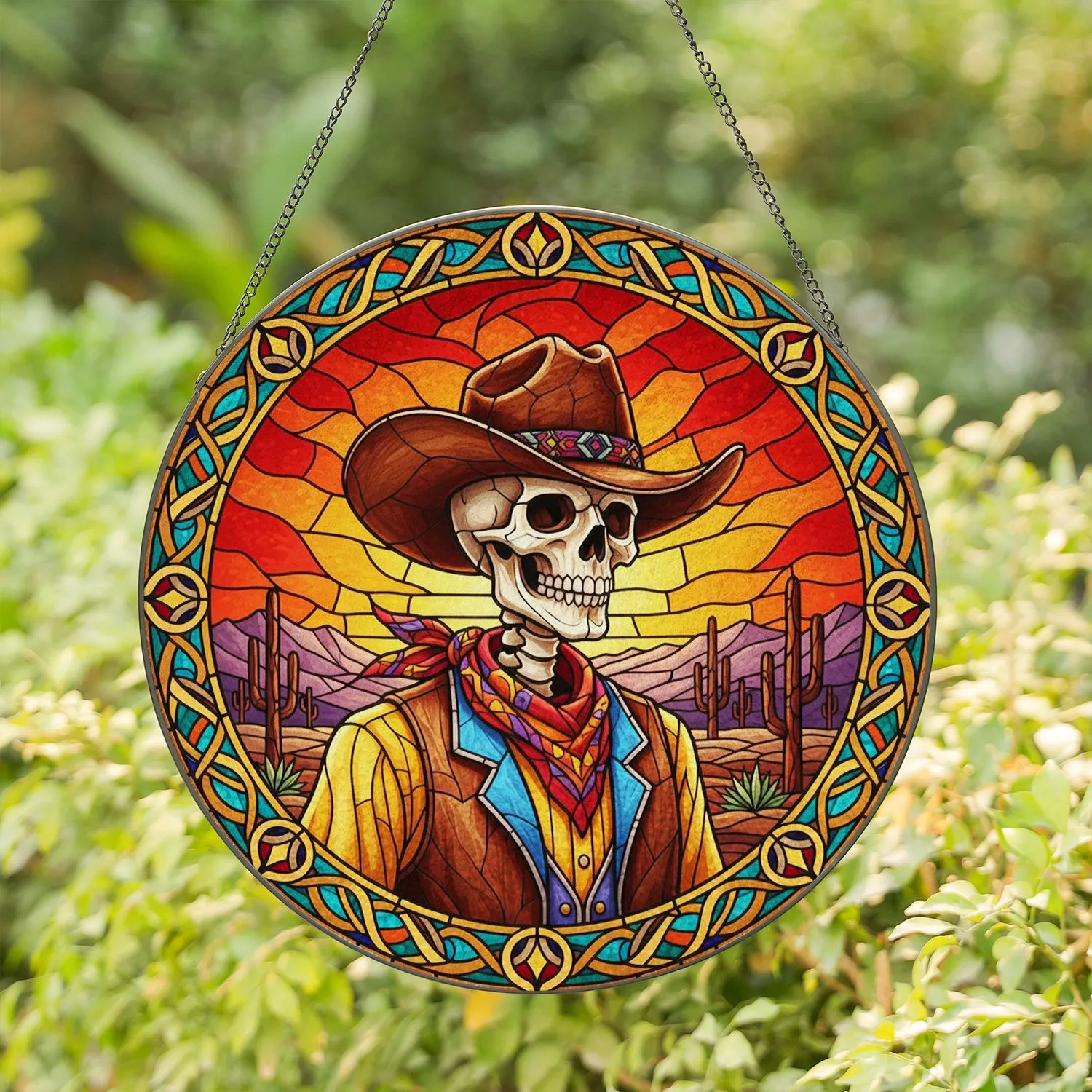 Highly Detailed Skeletal Cowboy Western Desert Sunset Stained Glass Tiffany Ornate Scrollwork Stained Glass Suncatcher - 1
