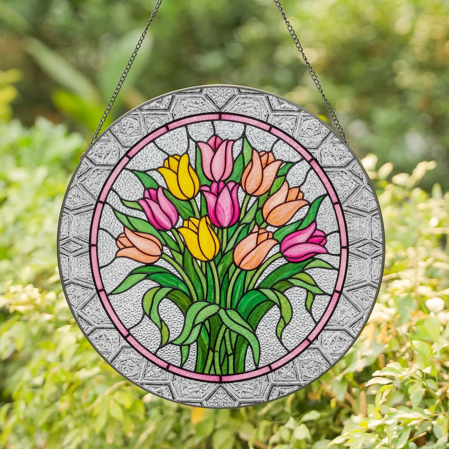 Detailed Stained Glass Tulip Bouquet Tiffany Style Mosaic - Floral Home Decor Gift Stained Glass Suncatcher - 1