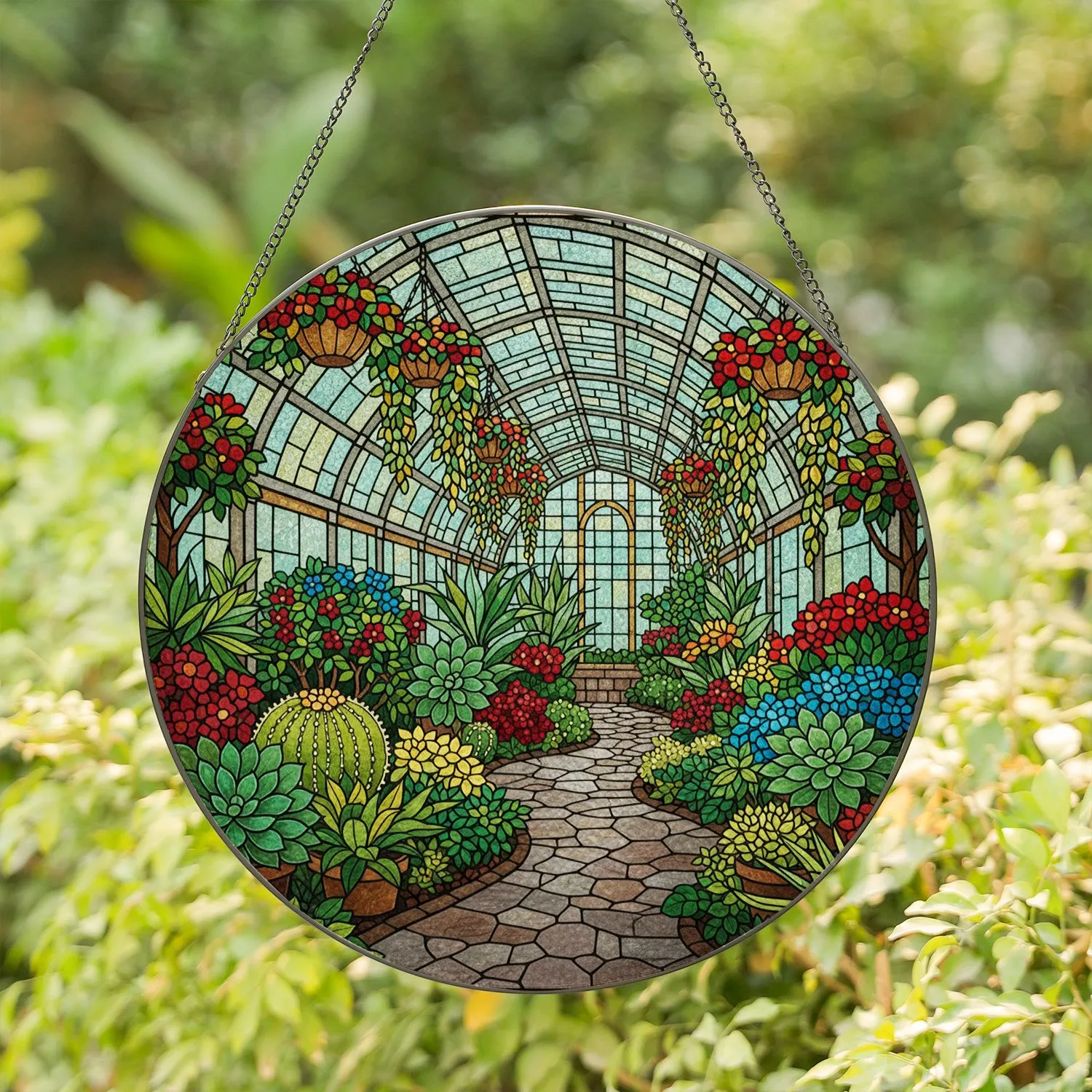 Tiffany Style Stained Glass Greenhouse Succulents Flowering Plants Pathway - Garden Decor Stained Glass Suncatcher - 1