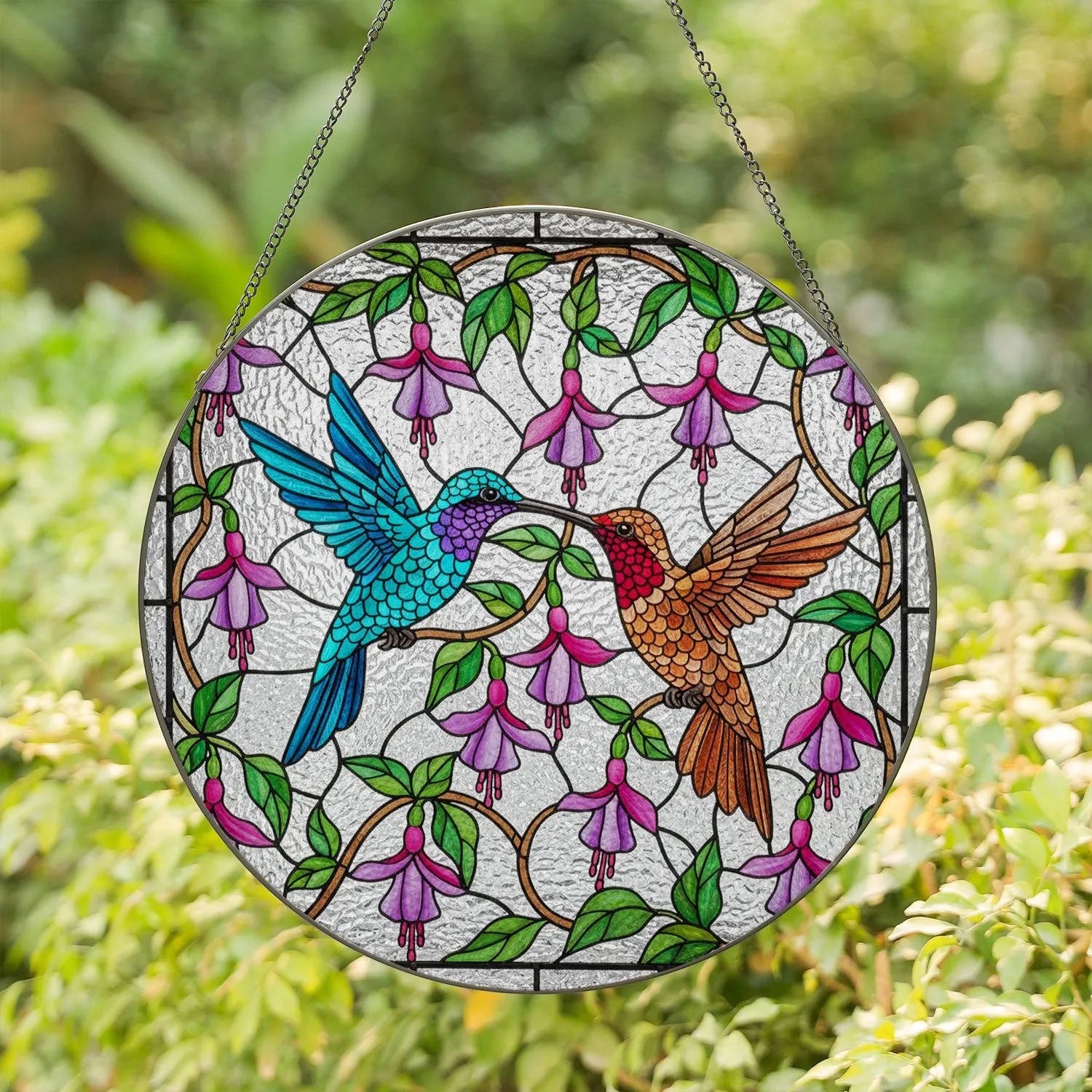 Two Hummingbirds Tiffany Stained Glass Art, Fuchsia Flowers, Rippled Background Stained Glass Suncatcher - 1