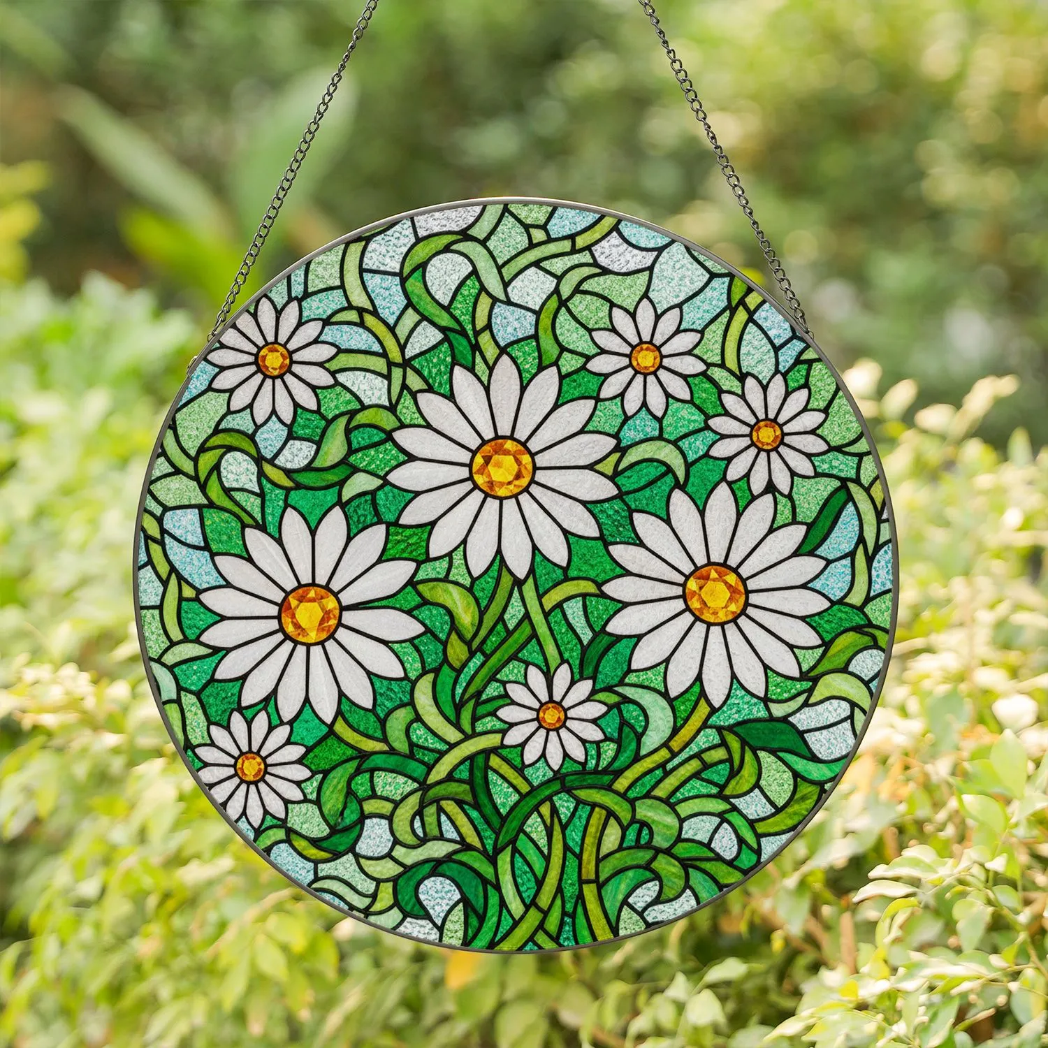 Stained Glass Daisy Flowers Green Leaves Mosaic - Tiffany Style Floral Window Art Stained Glass Suncatcher - 1