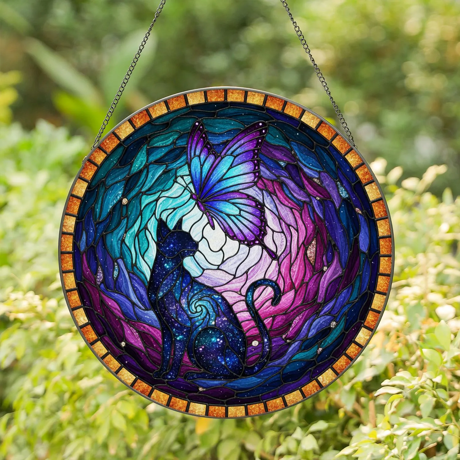 Black Cat Galaxy Butterfly Cosmic Nebula Tiffany Stained Glass Jewel Tone Home Decor Stained Glass Suncatcher - 1