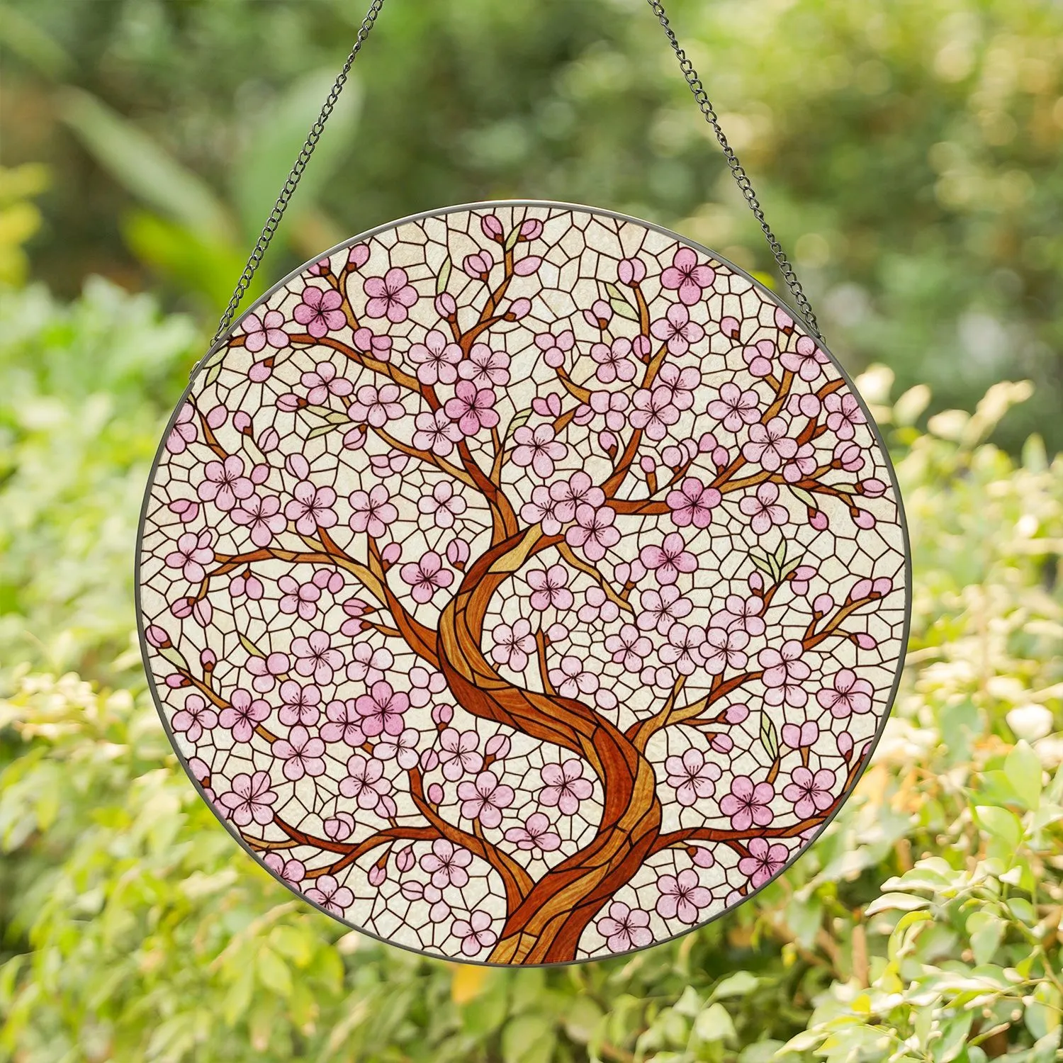 Pink Cherry Blossom Stained Glass Gnarled Branch Tiffany Mosaic Spring Decor Gift Stained Glass Suncatcher - 1