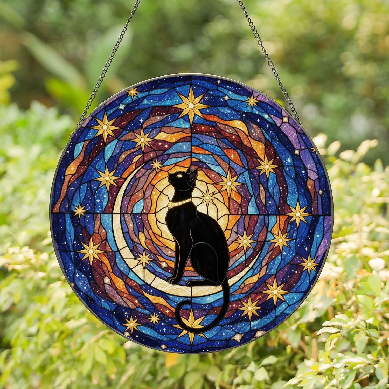 Black Cat Crescent Moon Galaxy Starlight - Celestial Night Sky Decor Cat Lover Gift Stained Glass Suncatcher - 1