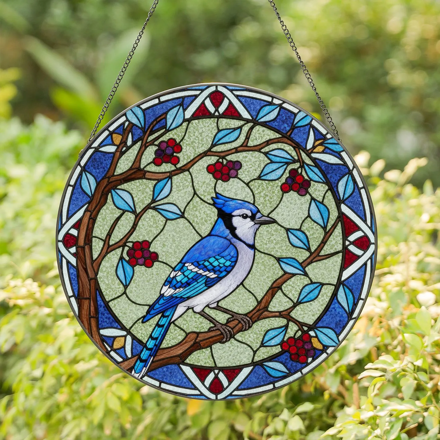 Blue Jay Stained Glass Tiffany Branch Art - Blue Leaves, Red Berries, Geometric Mosaic Stained Glass Suncatcher - 1
