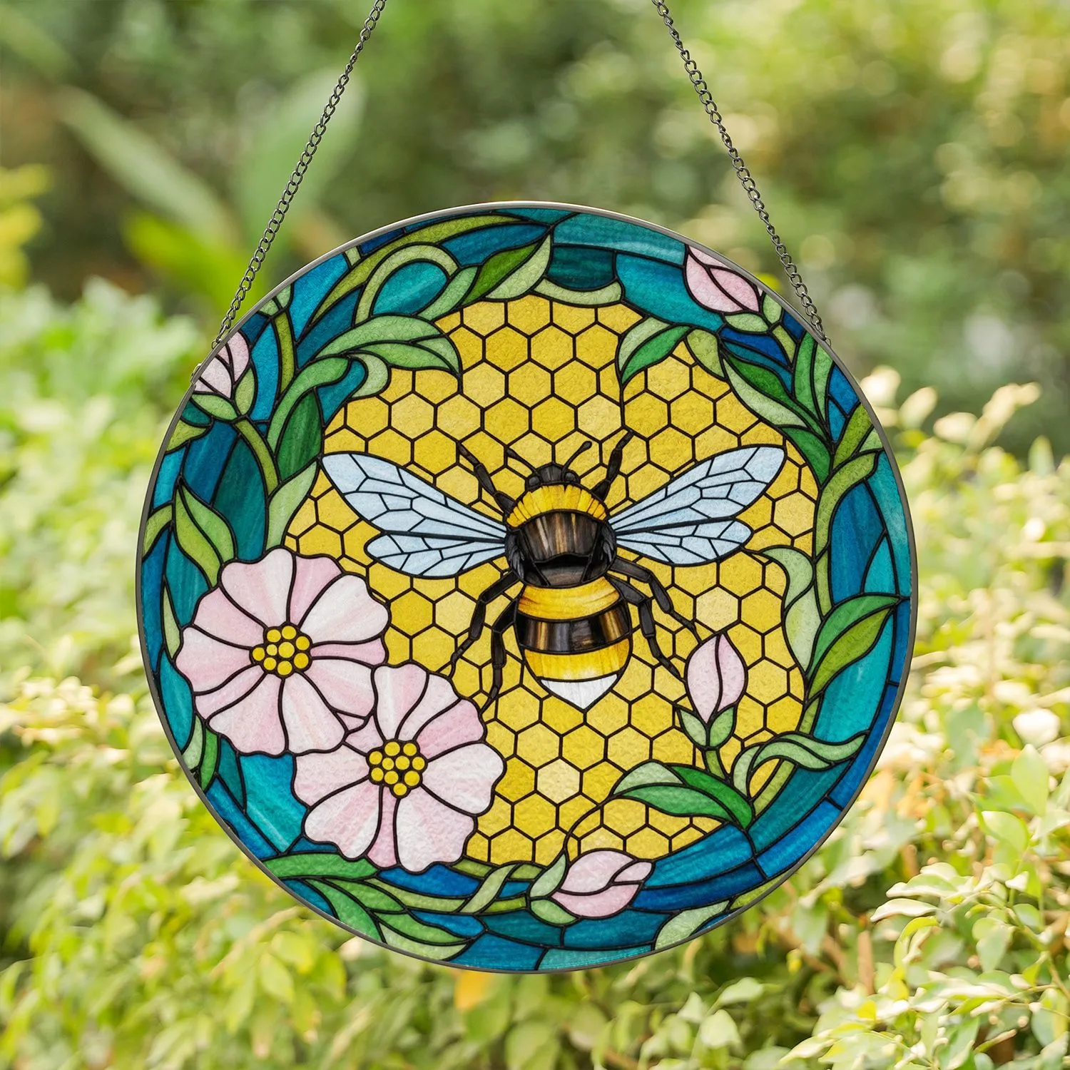 Bumblebee Tiffany Stained Glass Honeycomb Pink Flowers Translucent Jewel Art Stained Glass Suncatcher - 1