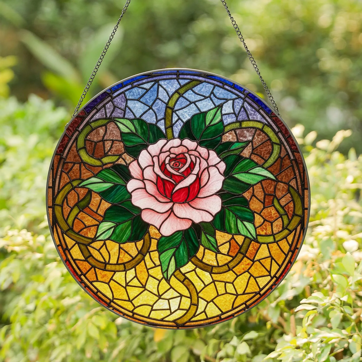 Rose Blooming Stained Glass Mosaic - Tiffany Style Floral Home Window Decoration Gift Stained Glass Suncatcher - 1