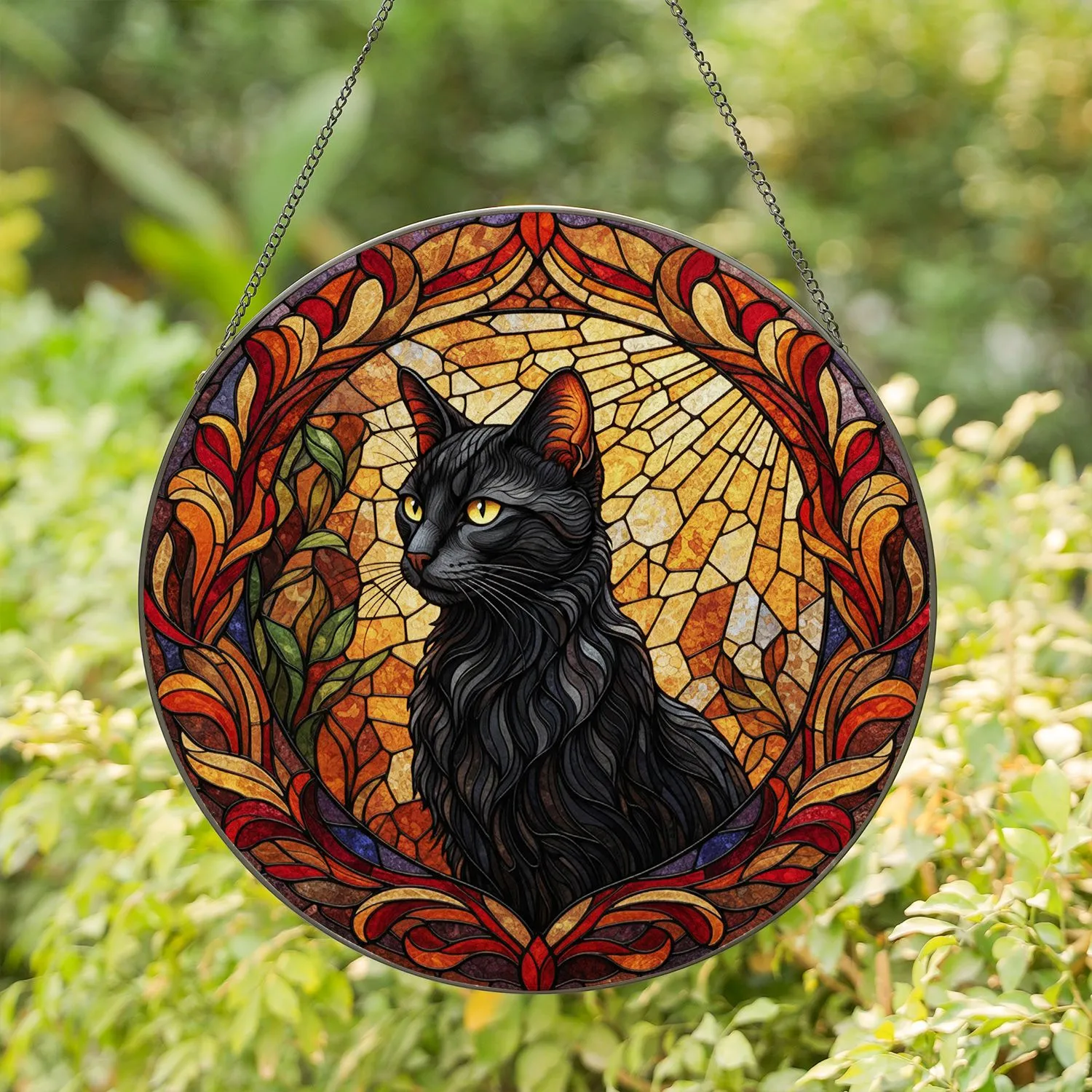 Black Cat Stained Glass Tiffany Autumn Leaves Mosaic Art - Radiant Sun Fall Decor Stained Glass Suncatcher - 1