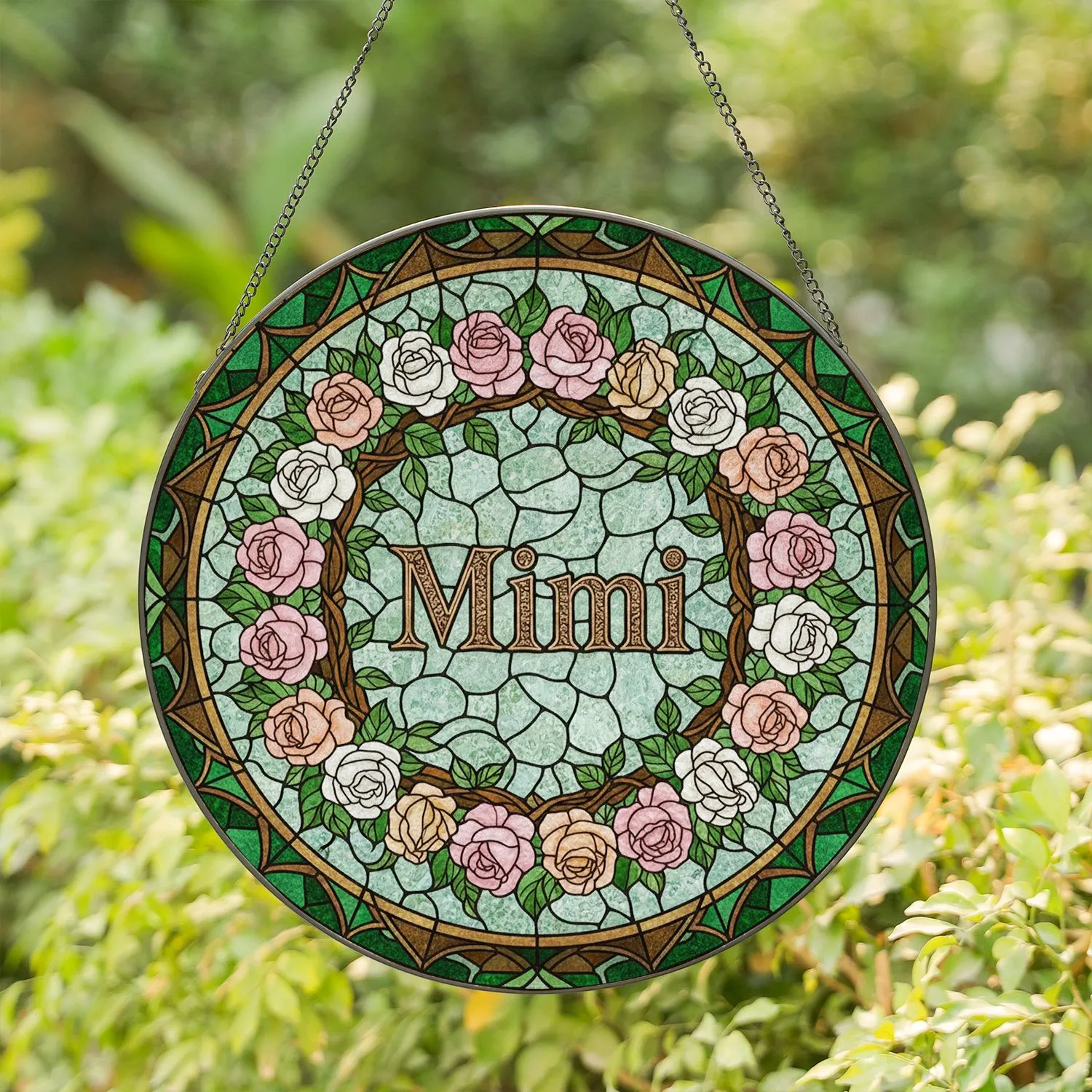 MiMi" Ornate Bronze-Gold Stained Glass Rose Wreath - Tiffany Style Grandparent Birthday Gift Stained Glass Suncatcher - 1