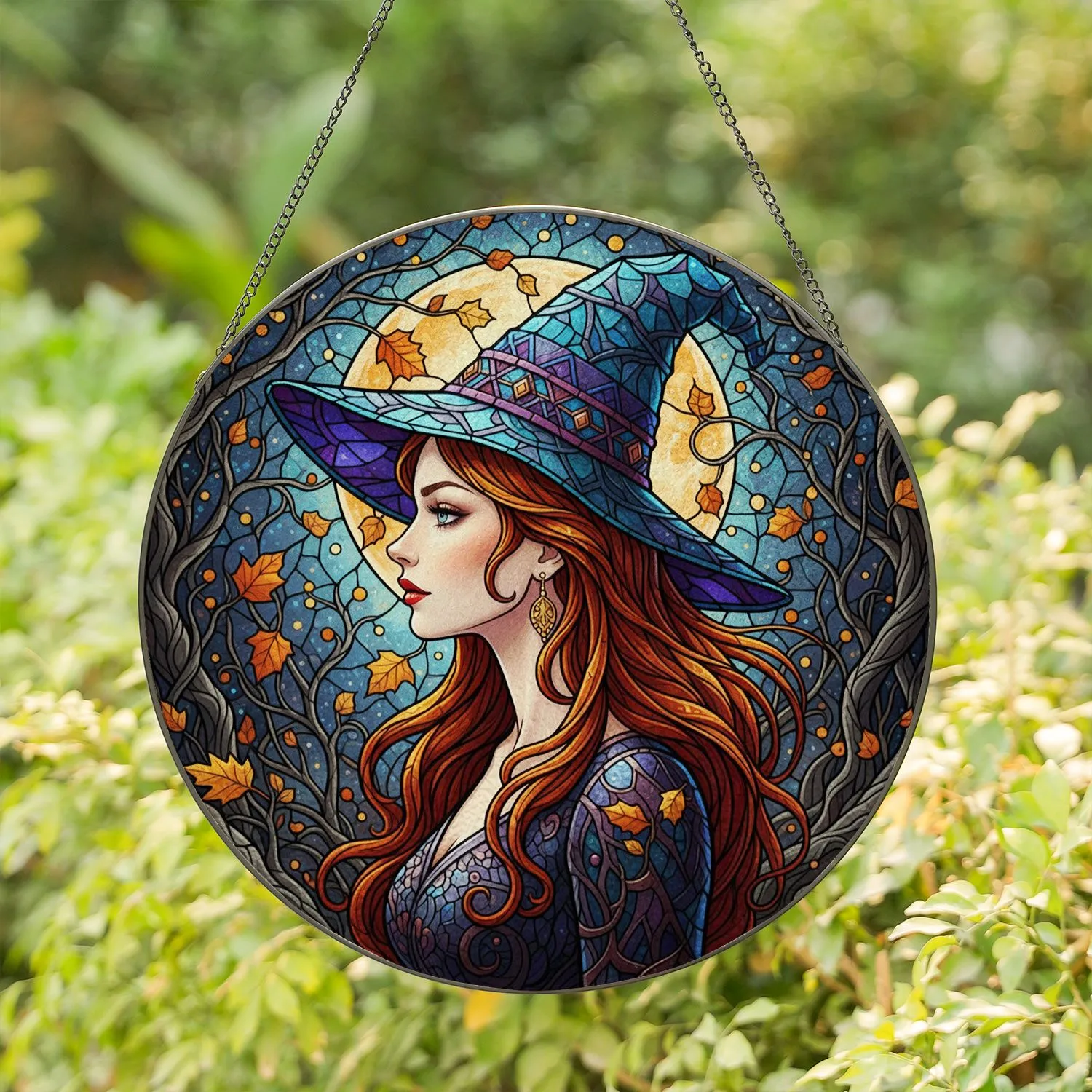 Elegant Witch Stained Glass Art - Full Moon Forest Night Decor for Mystical Home & Halloween Stained Glass Suncatcher - 1