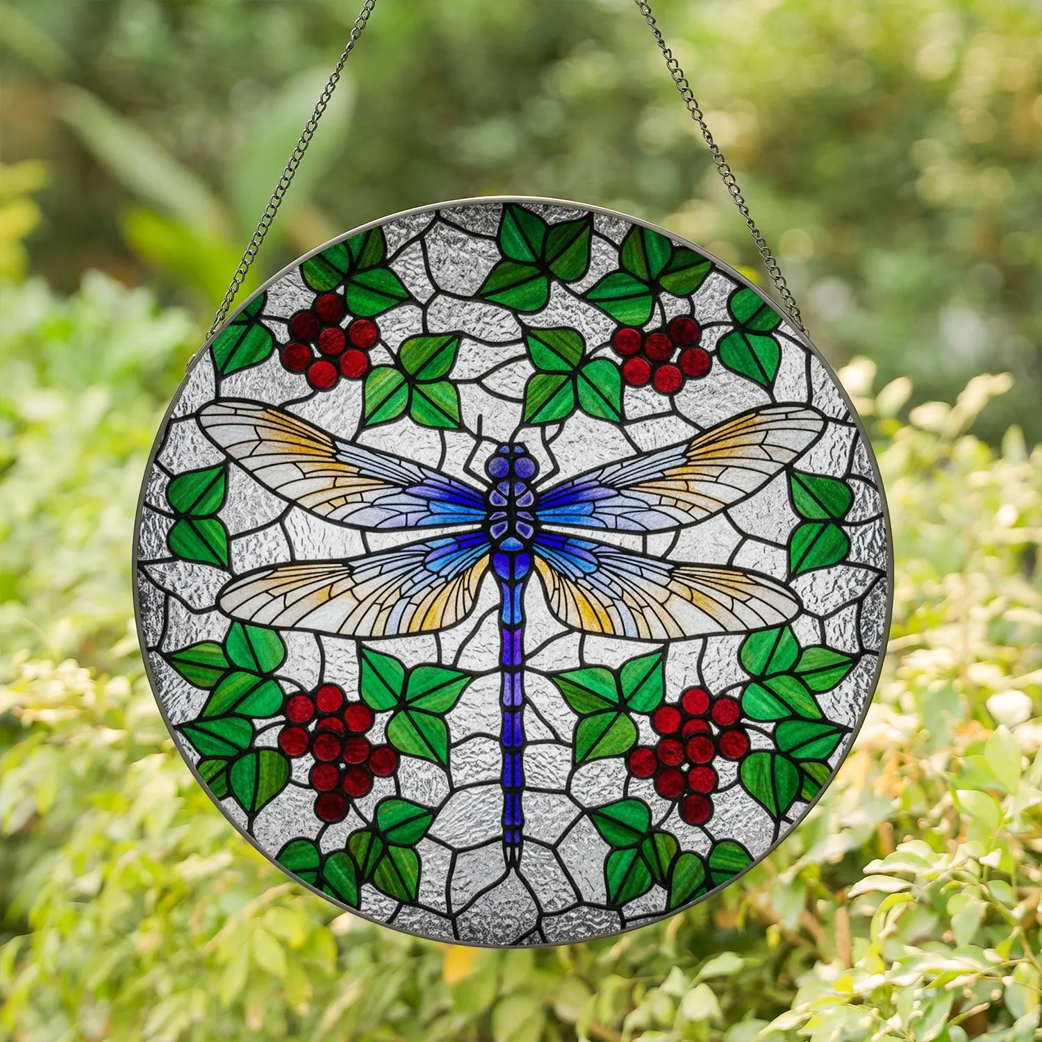Ornate Tiffany Style Dragonfly Stained Glass - Jewel Tone Mosaic Leaves Berries Stained Glass Suncatcher - 1