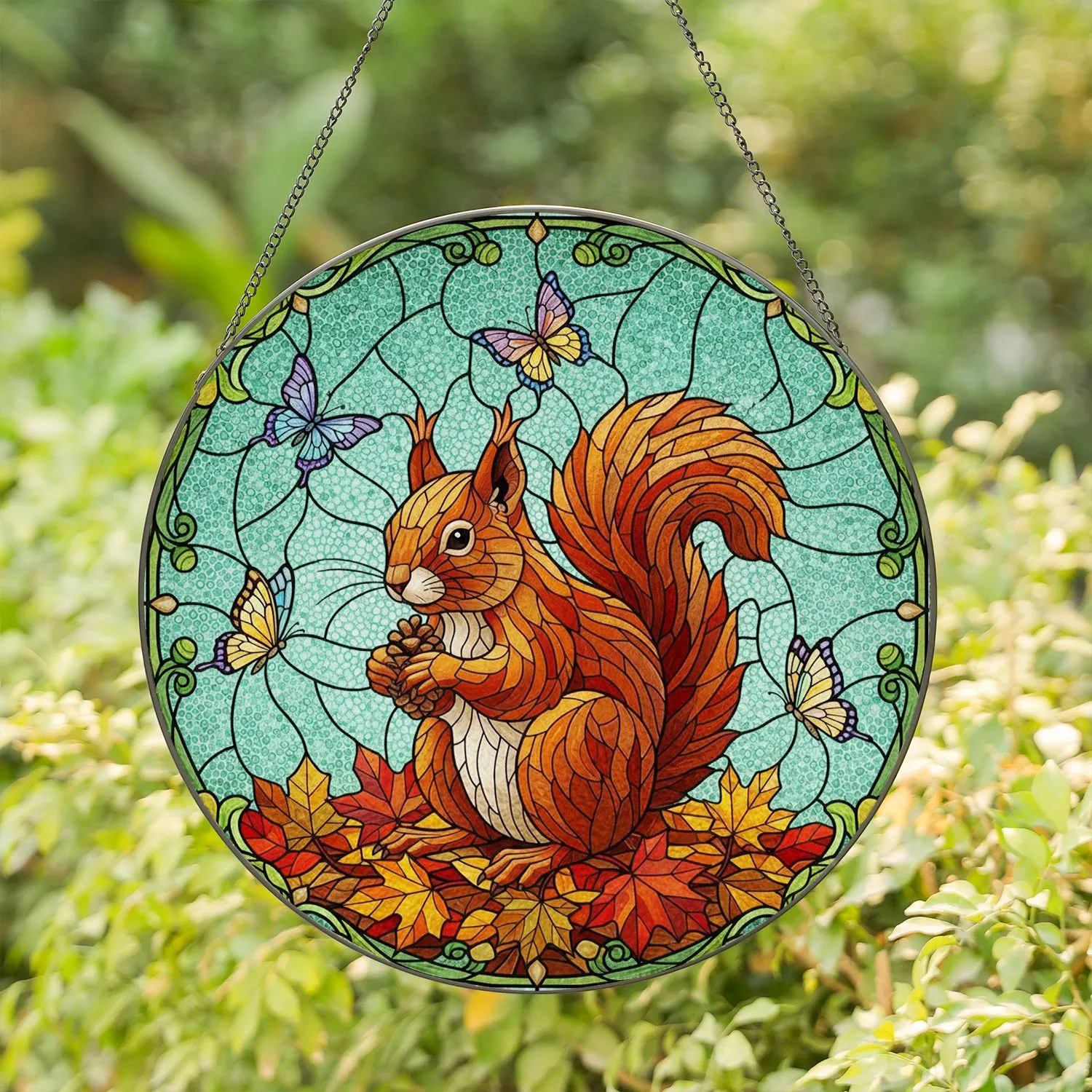 Squirrel Pinecone Autumn Leaves Butterfly Tiffany Glass Mosaic Teal-Green Artwork Stained Glass Suncatcher - 1