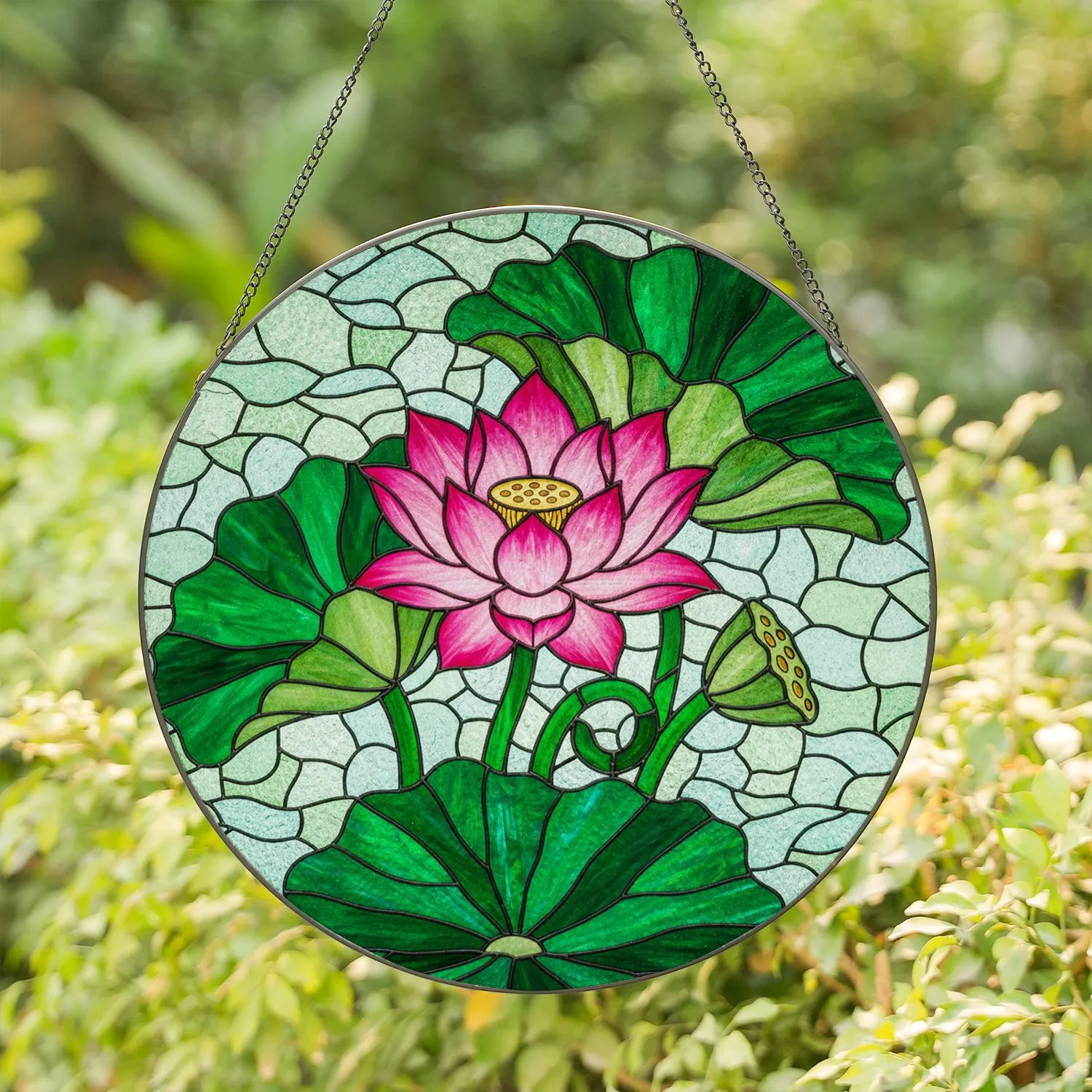 Highly Detailed Pink Lotus Flower Stained Glass - Emerald Green Leaves Aqua Mosaic Stained Glass Suncatcher - 1