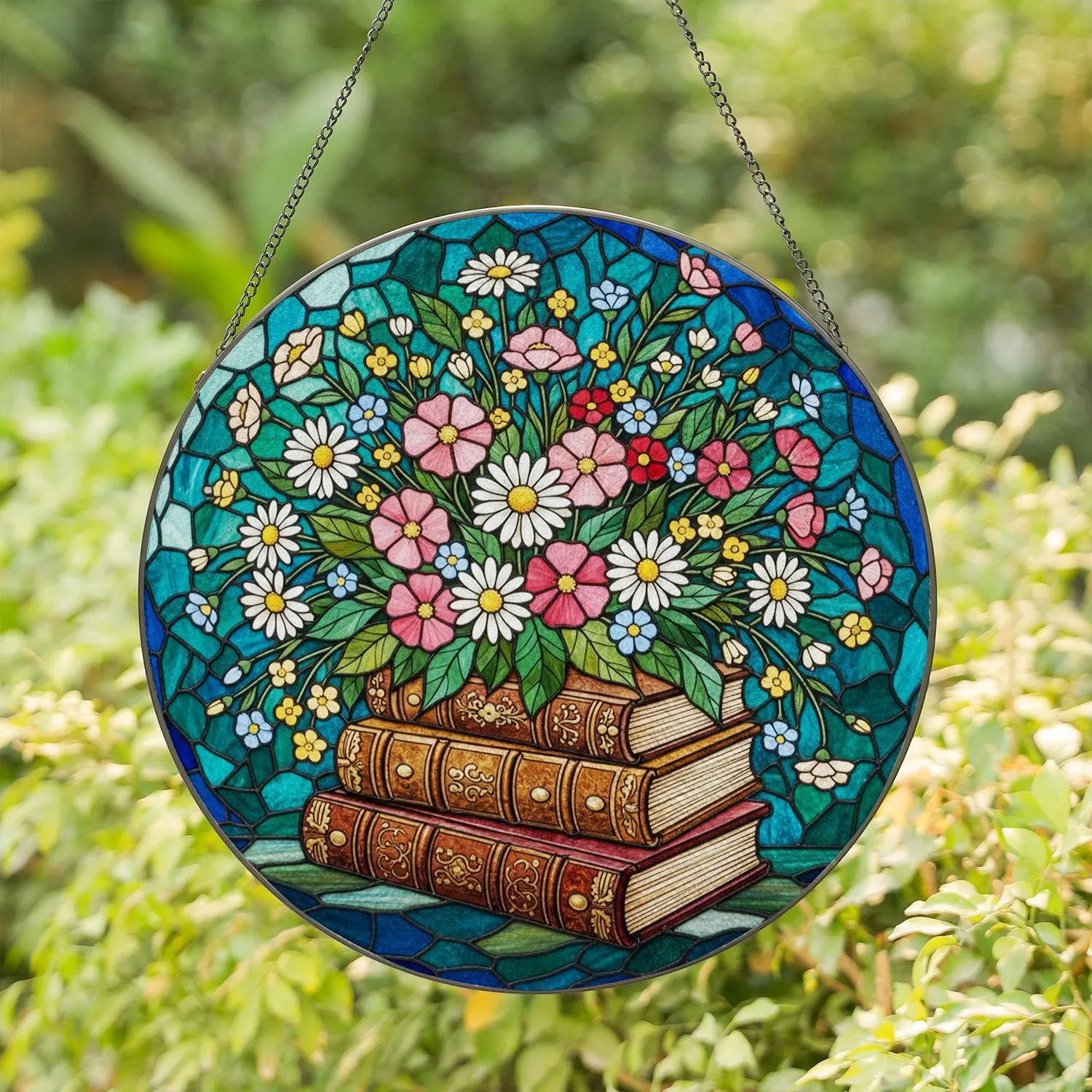 Wildflower Bouquet Stained Glass Art, Antique Leather Books, Blue Green Mosaic Jewel Tones Stained Glass Suncatcher - 1