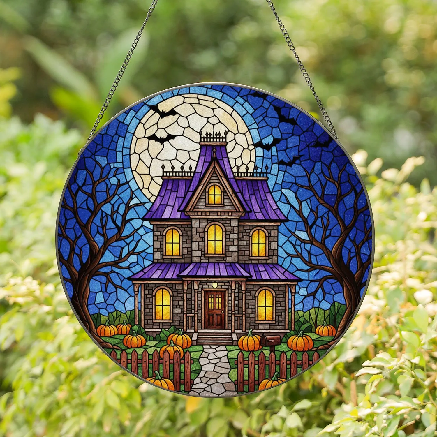 Stained Glass Haunted Victorian House - Halloween Moon Bats Spooky Fall Decor Gift Stained Glass Suncatcher - 1
