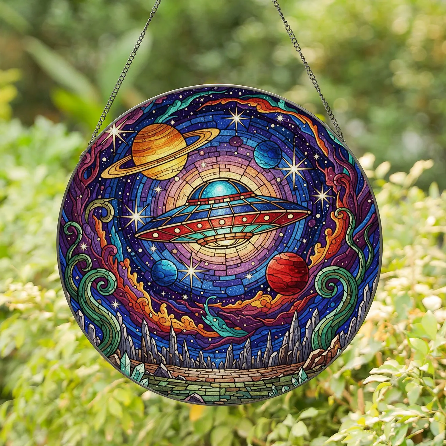 Retro UFO Cosmic Galaxy Planets Alien Flora Starbursts Tiffany Stained Glass Style Stained Glass Suncatcher - 1