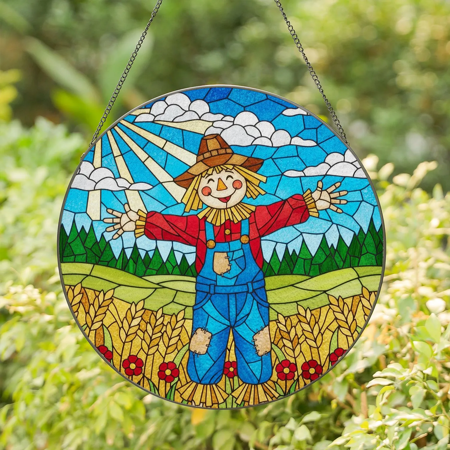 Cheerful Scarecrow Wheat Field Sun Stained Glass Window Art - Blue Sky Farmhouse Decor Stained Glass Suncatcher - 1