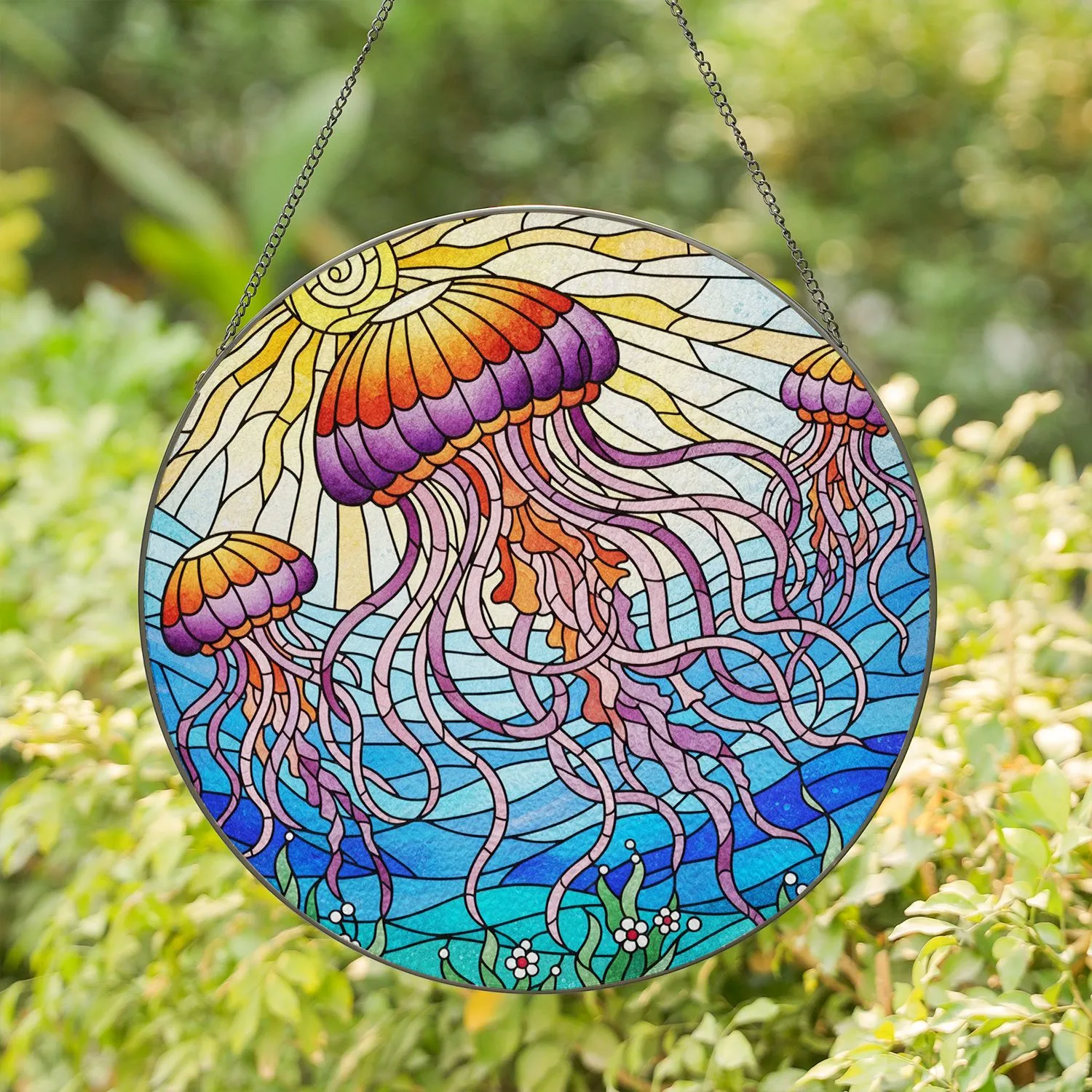 Intricate Stained Glass Jellyfish Ocean Scene - Sun Rays, Seaweed, Tiffany Style Art Stained Glass Suncatcher - 1