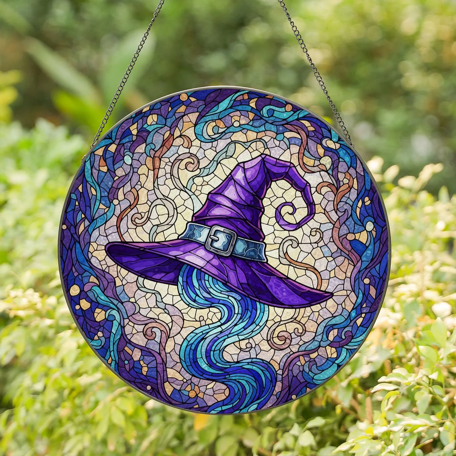 Dark Purple Witch's Hat Stained Glass Art - Swirling Energy Tiffany Style Mosaic Stained Glass Suncatcher - 1