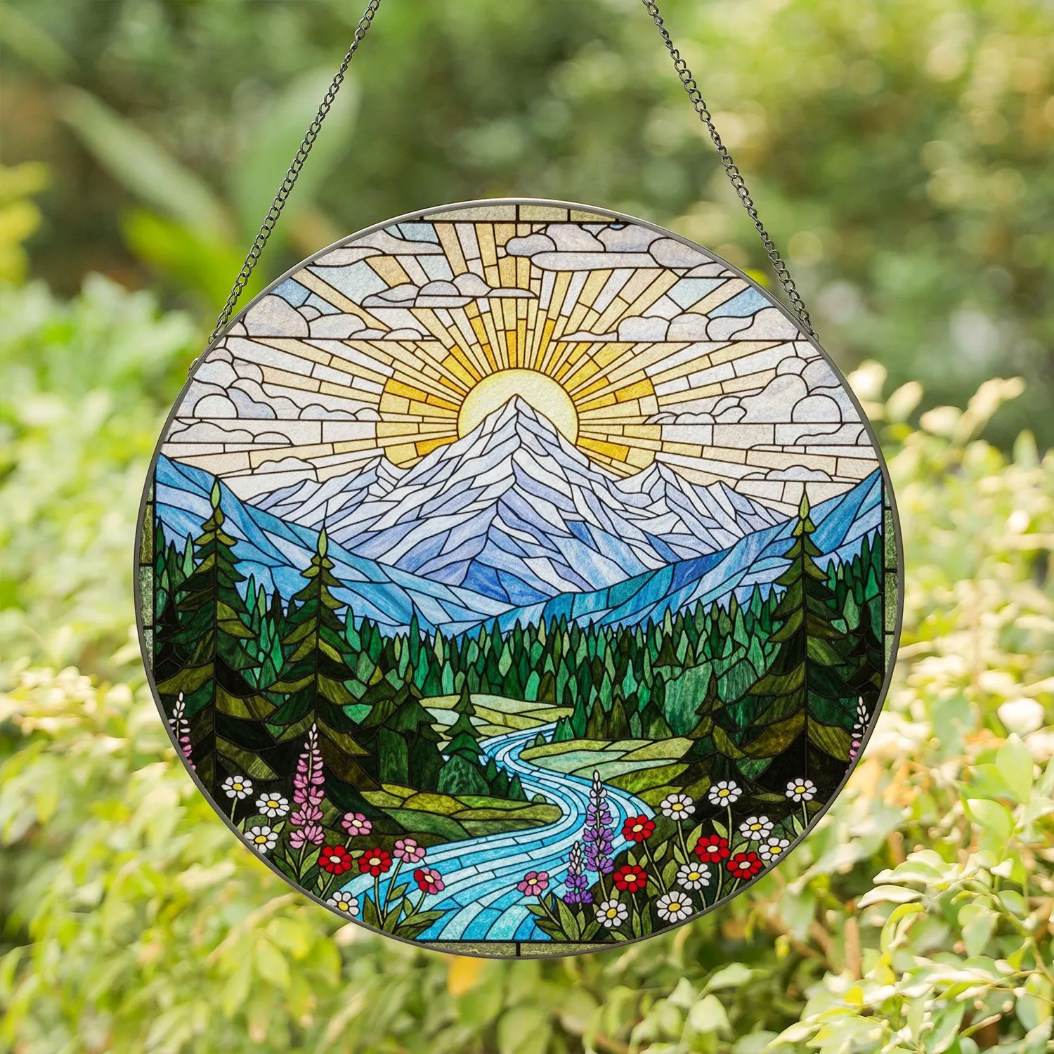 Tiffany Stained Glass Snow Mountain Sun River Wildflower Scene Bright Colors Stained Glass Suncatcher - 1