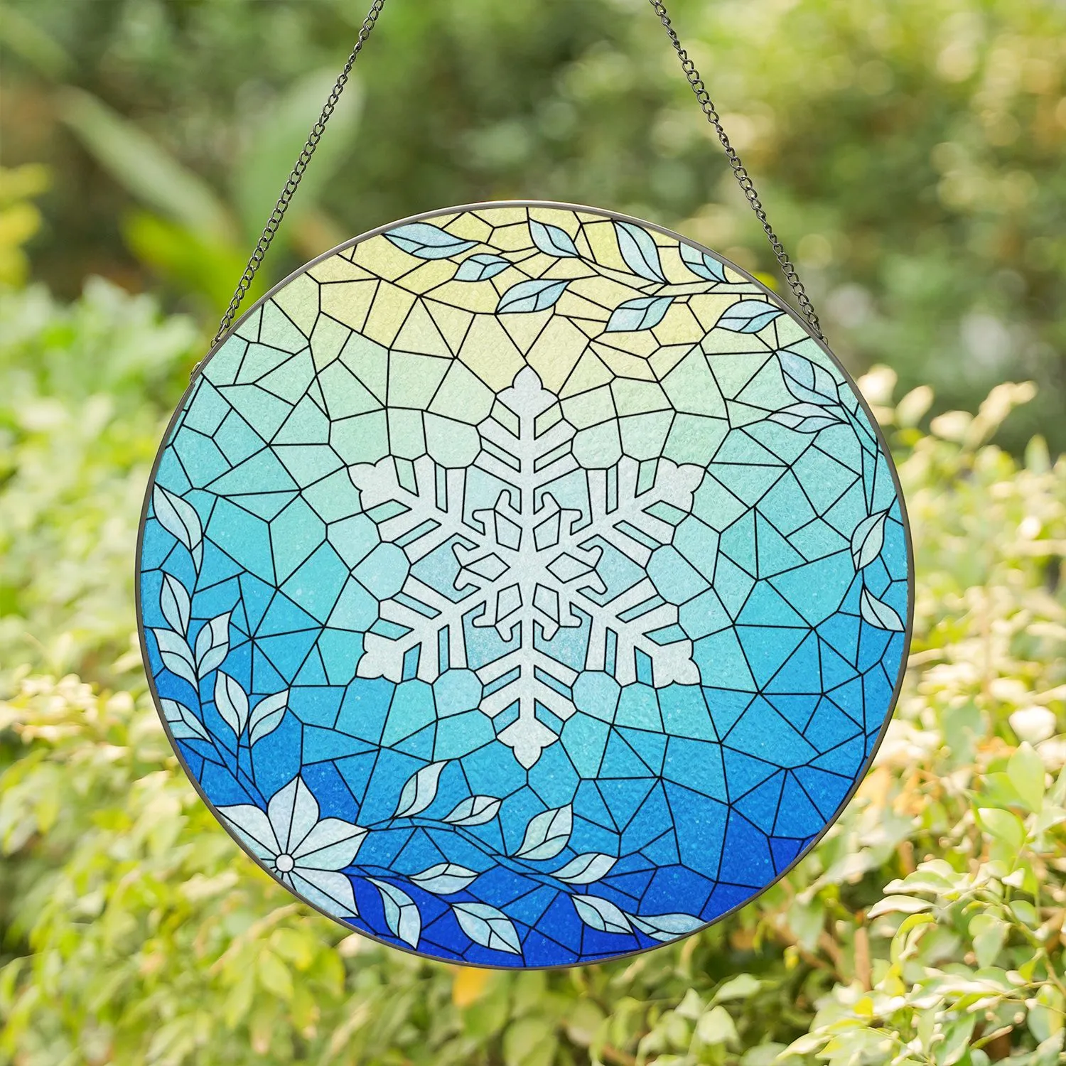 Glistening Snowflake Frosty Branches Jewel Tone Mosaic Abstract Tiffany Glass Style Stained Glass Suncatcher - 1