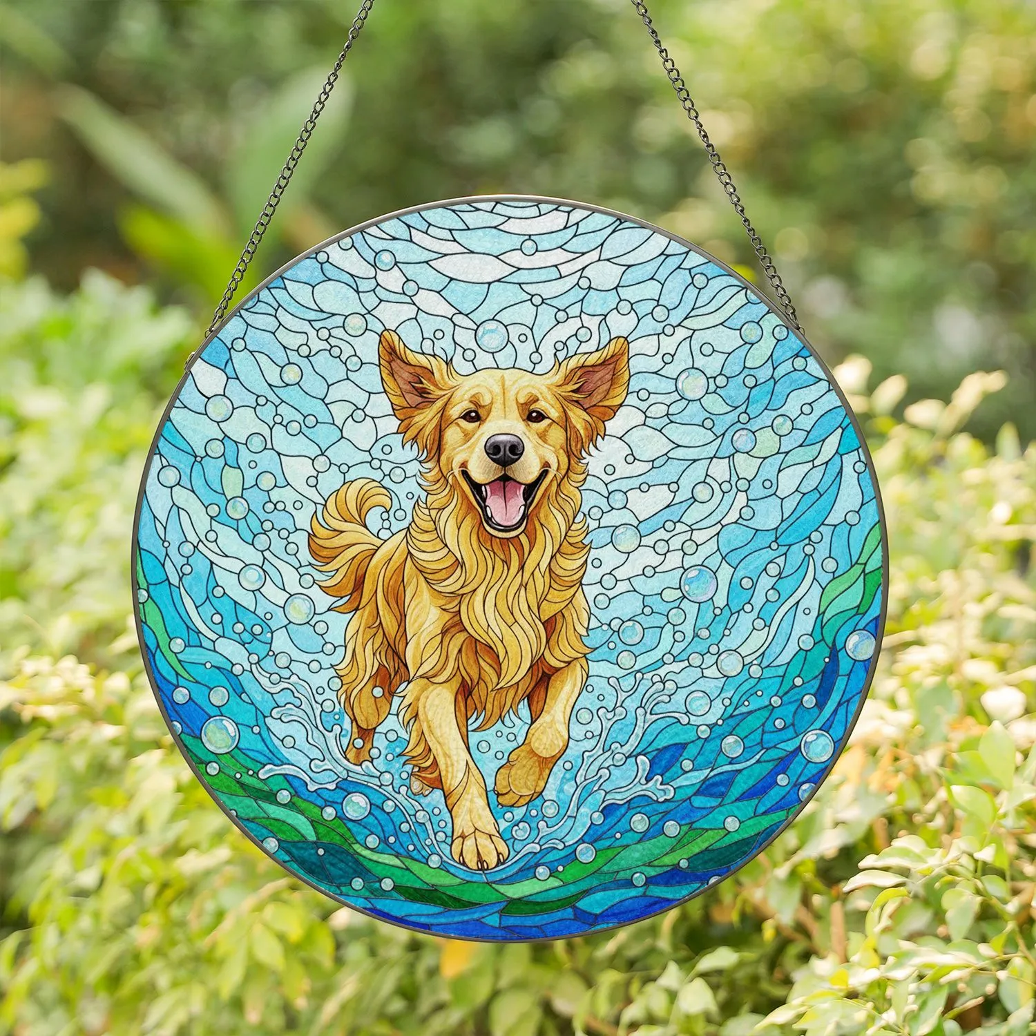 Golden Retriever Water Splash Stained Glass Mosaic - Tiffany Bubbles Jewel Tones Stained Glass Suncatcher - 1