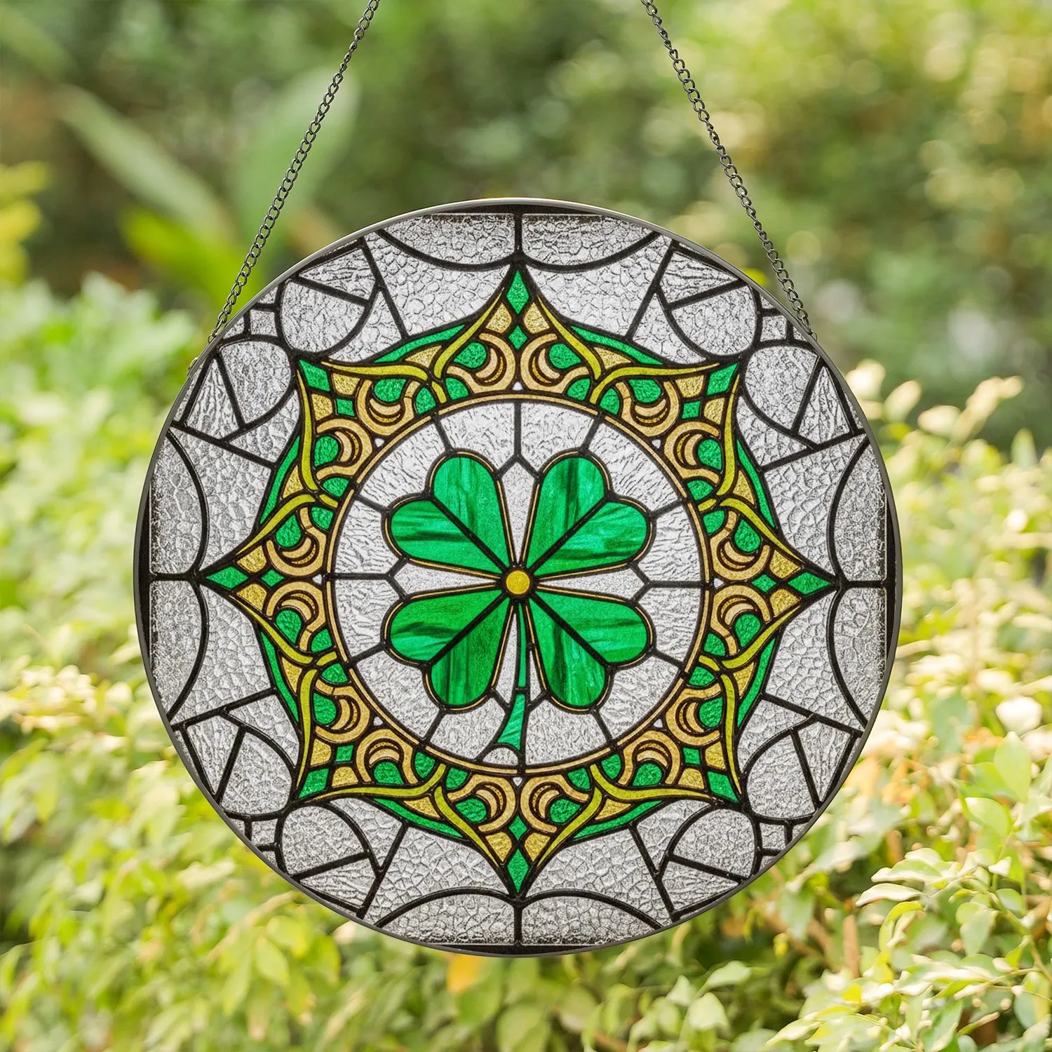 Emerald Gold Four-leaf Clover Stained Glass Mosaic Ornate Tiffany Style Good Luck Gift Stained Glass Suncatcher - 1